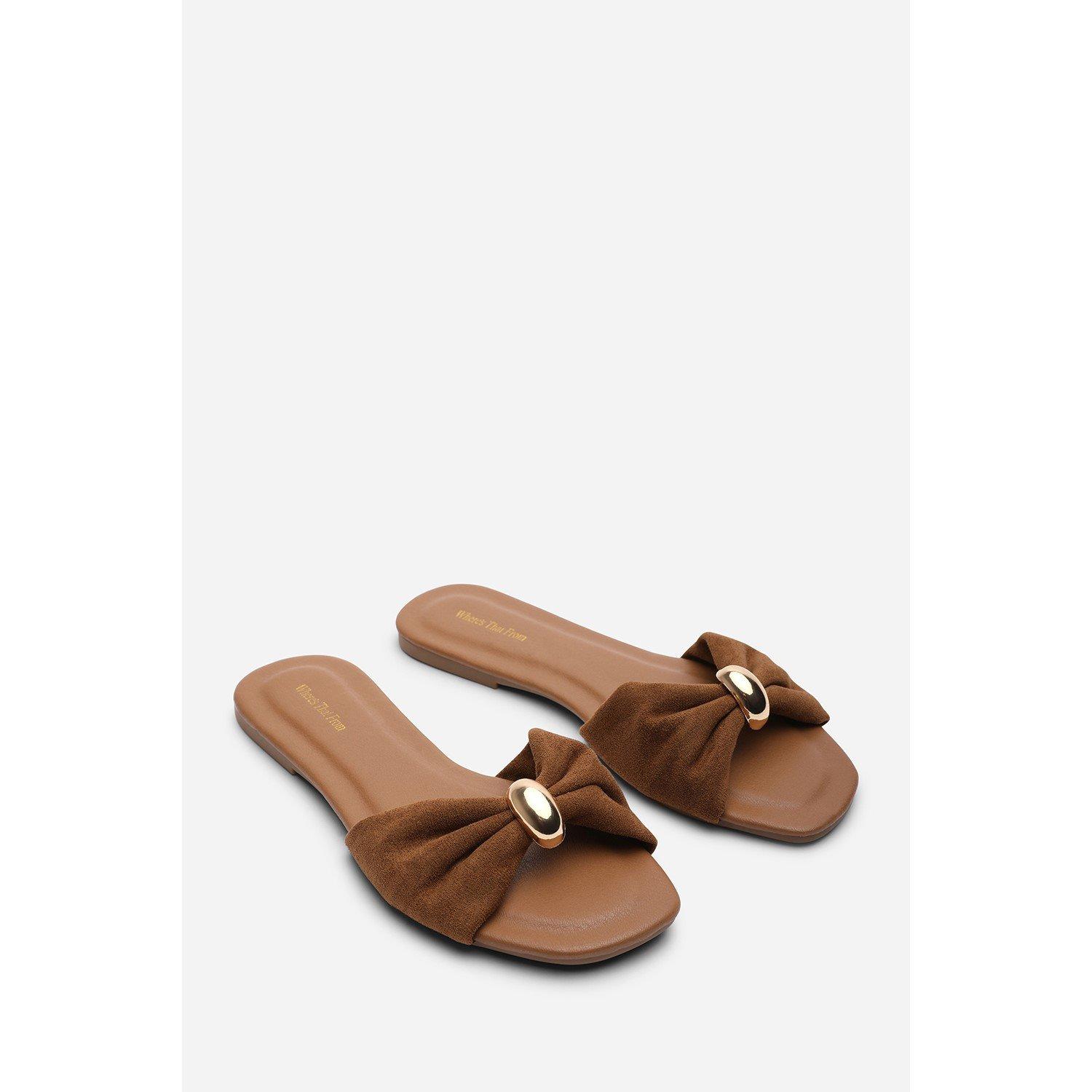Cognac - Wheres That From - Arc Ruched Buckle Cognac Suede Slide On Sandal - 4