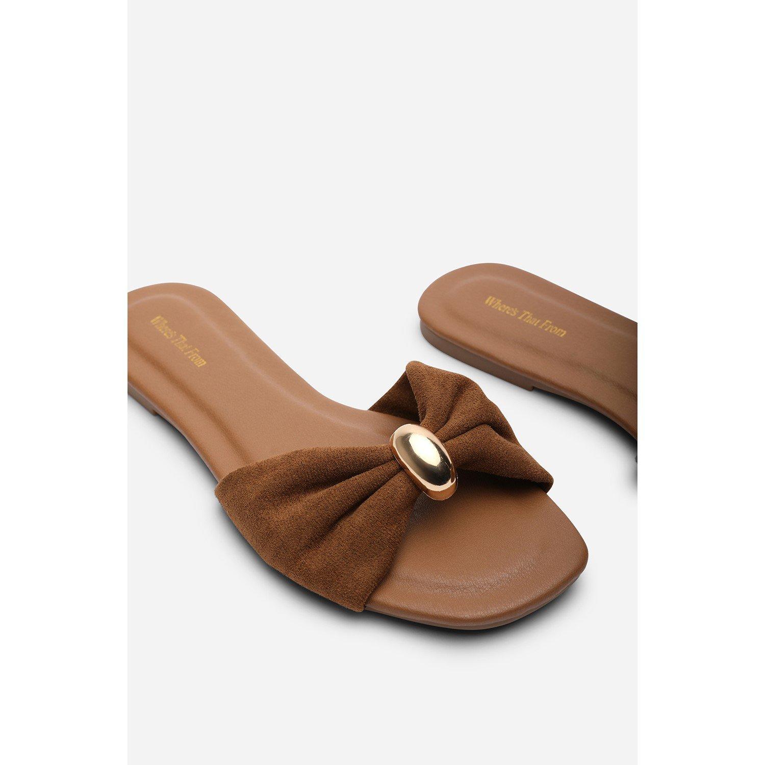 Cognac - Wheres That From - Arc Ruched Buckle Cognac Suede Slide On Sandal - 5