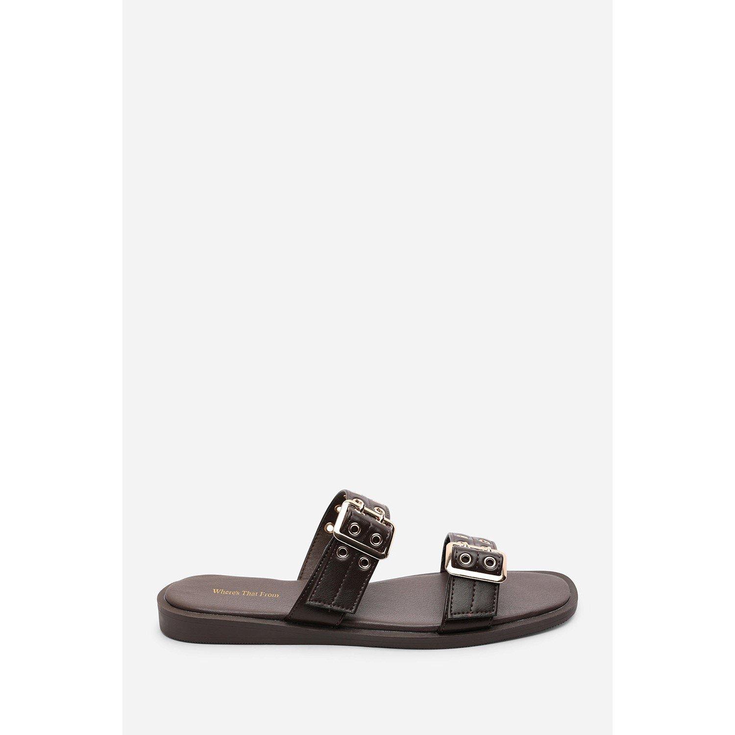 Dark Brown - Wheres That From - Double Buckle Detail Slider Flat Sandals - 2