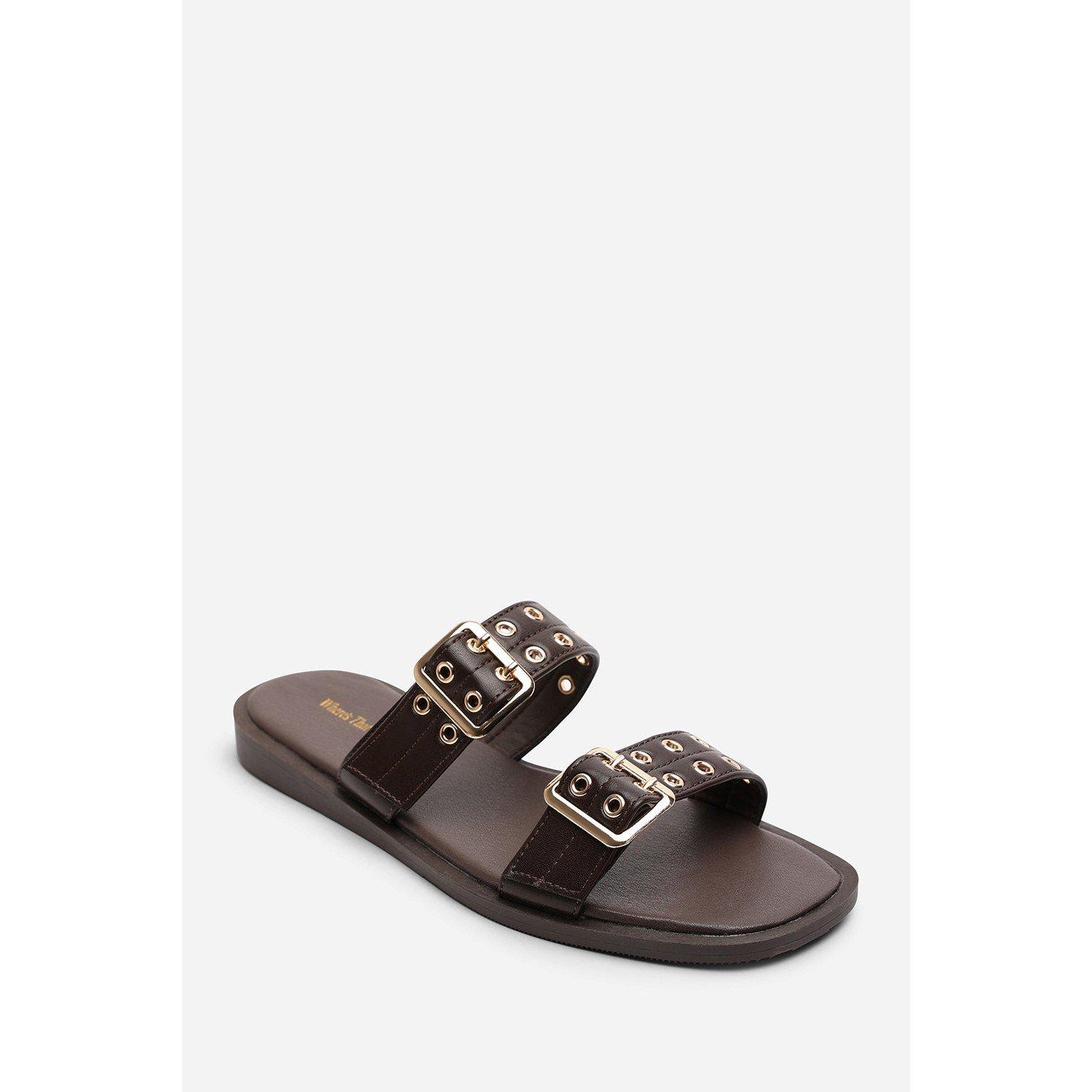 Dark Brown - Wheres That From - Double Buckle Detail Slider Flat Sandals - 3