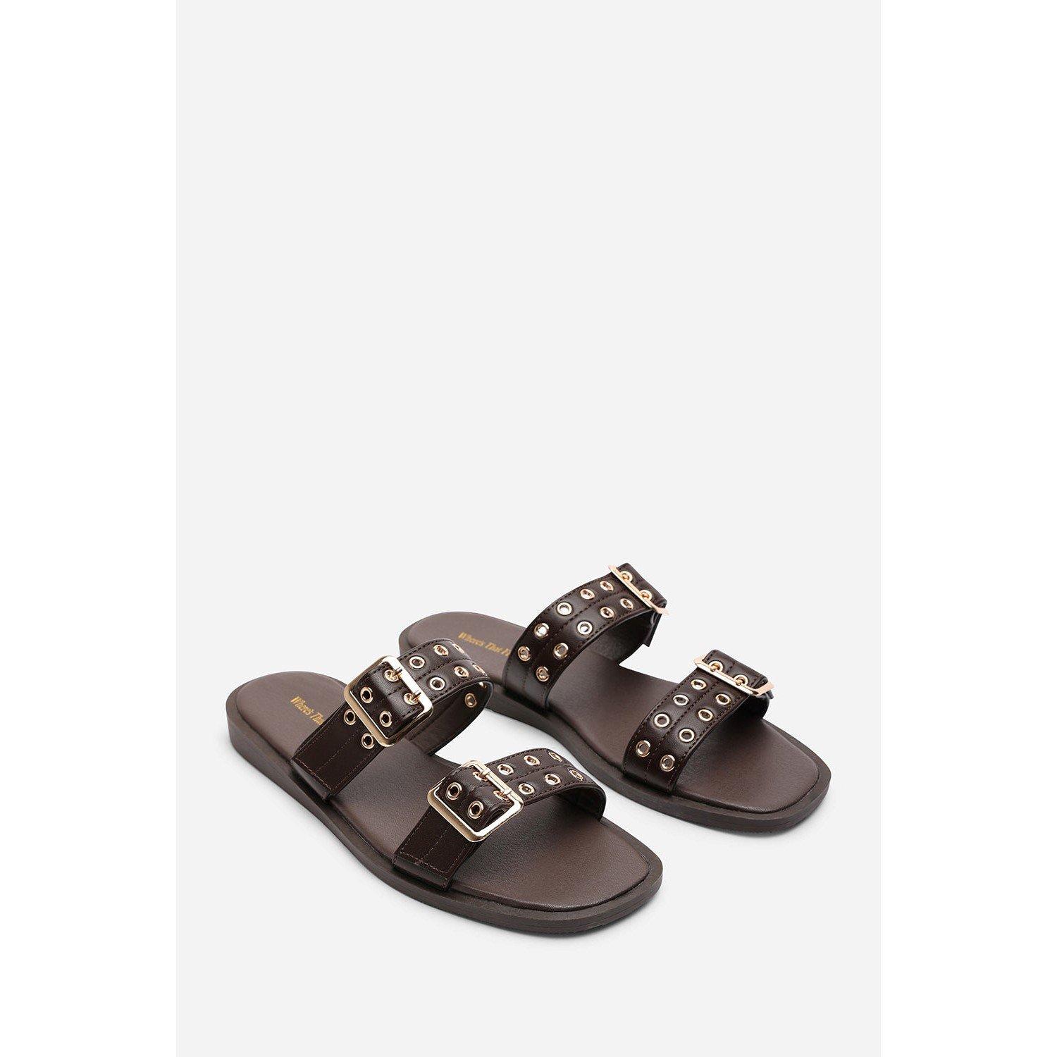 Dark Brown - Wheres That From - Double Buckle Detail Slider Flat Sandals - 4