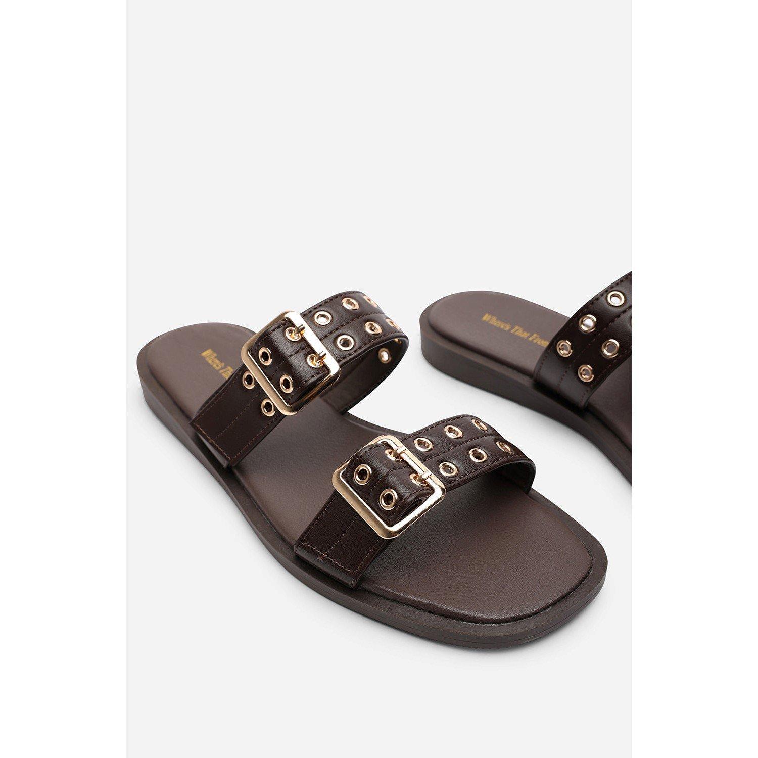 Dark Brown - Wheres That From - Double Buckle Detail Slider Flat Sandals - 5