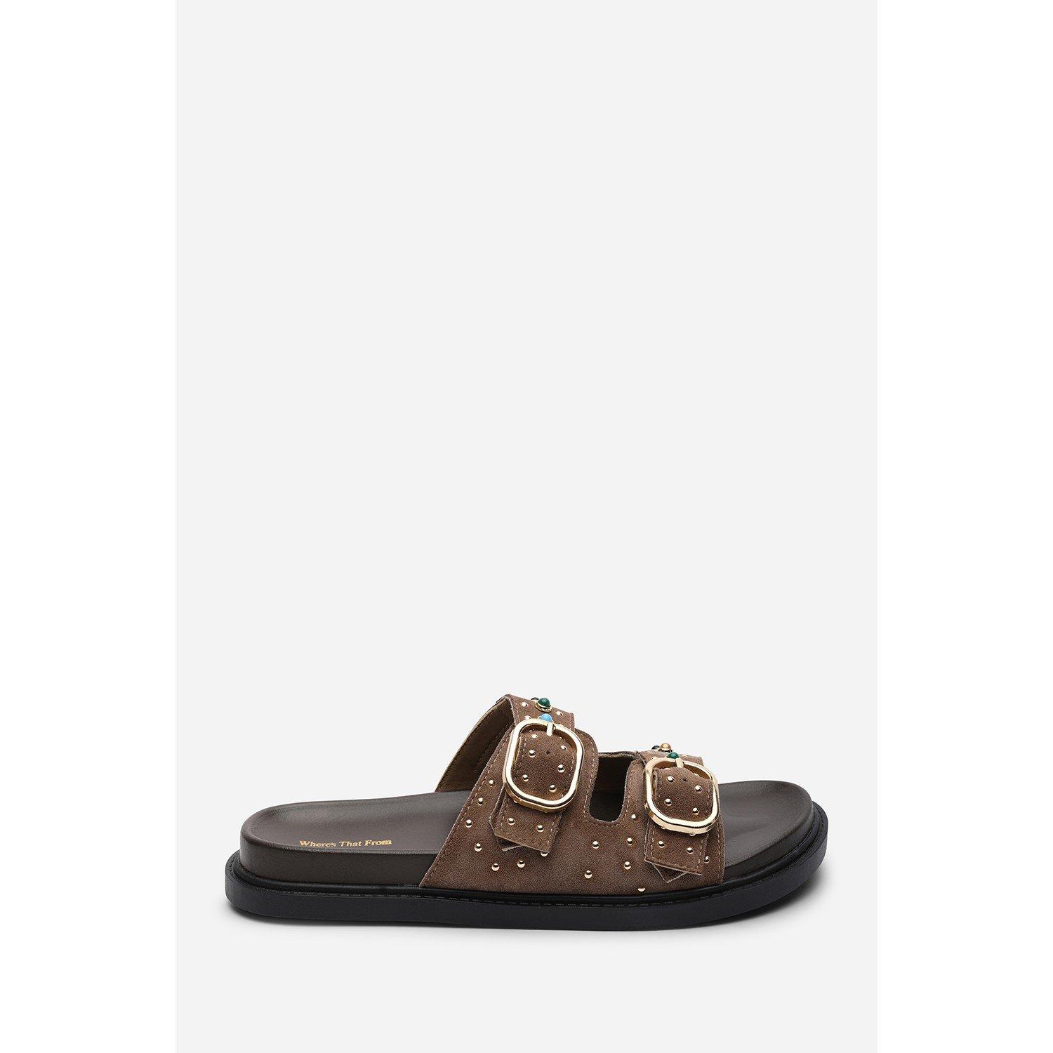 Camel - Wheres That From - Ceylon Diamante Stud Double Buckle Camel Suede Sli - 2