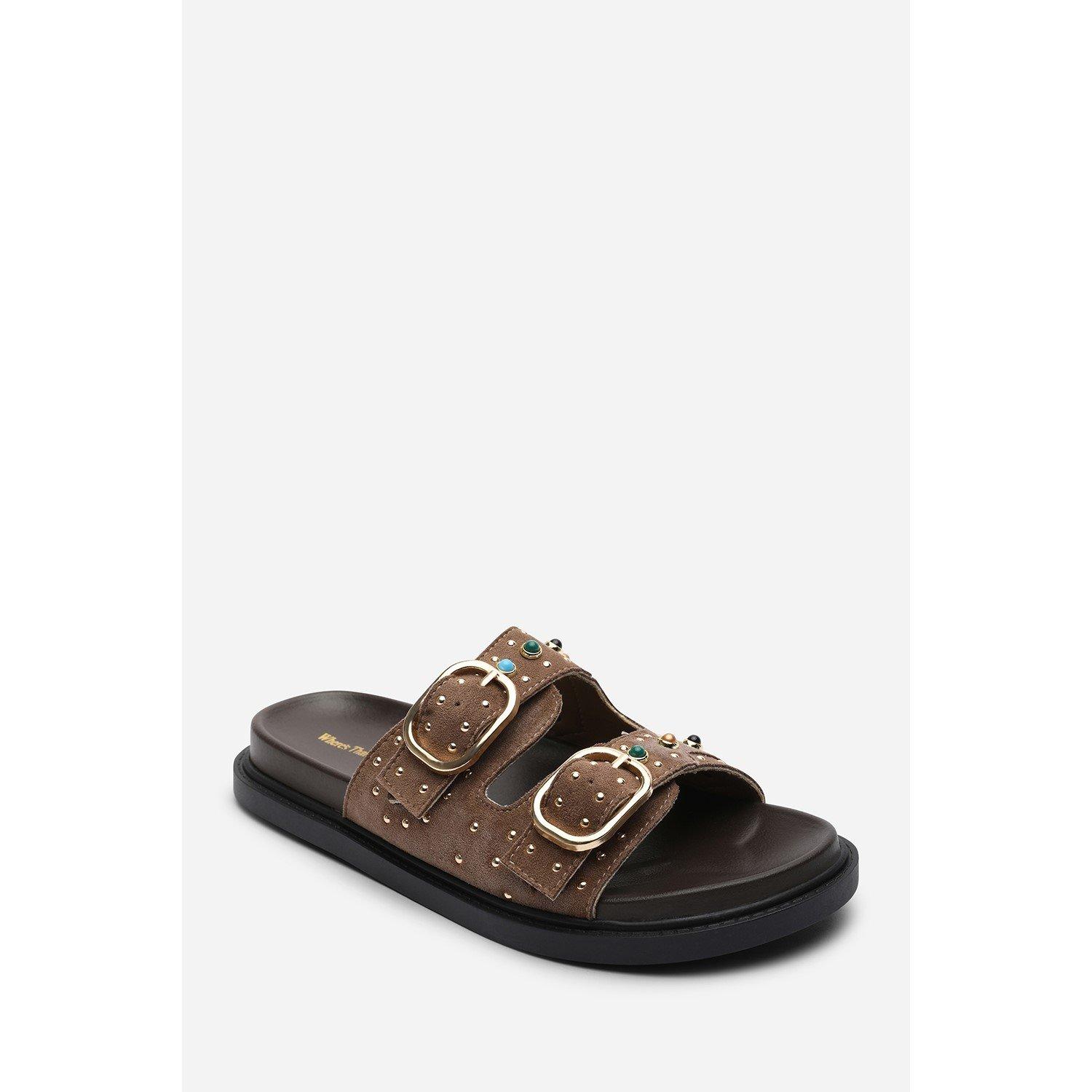 Camel - Wheres That From - Ceylon Diamante Stud Double Buckle Camel Suede Sli - 3
