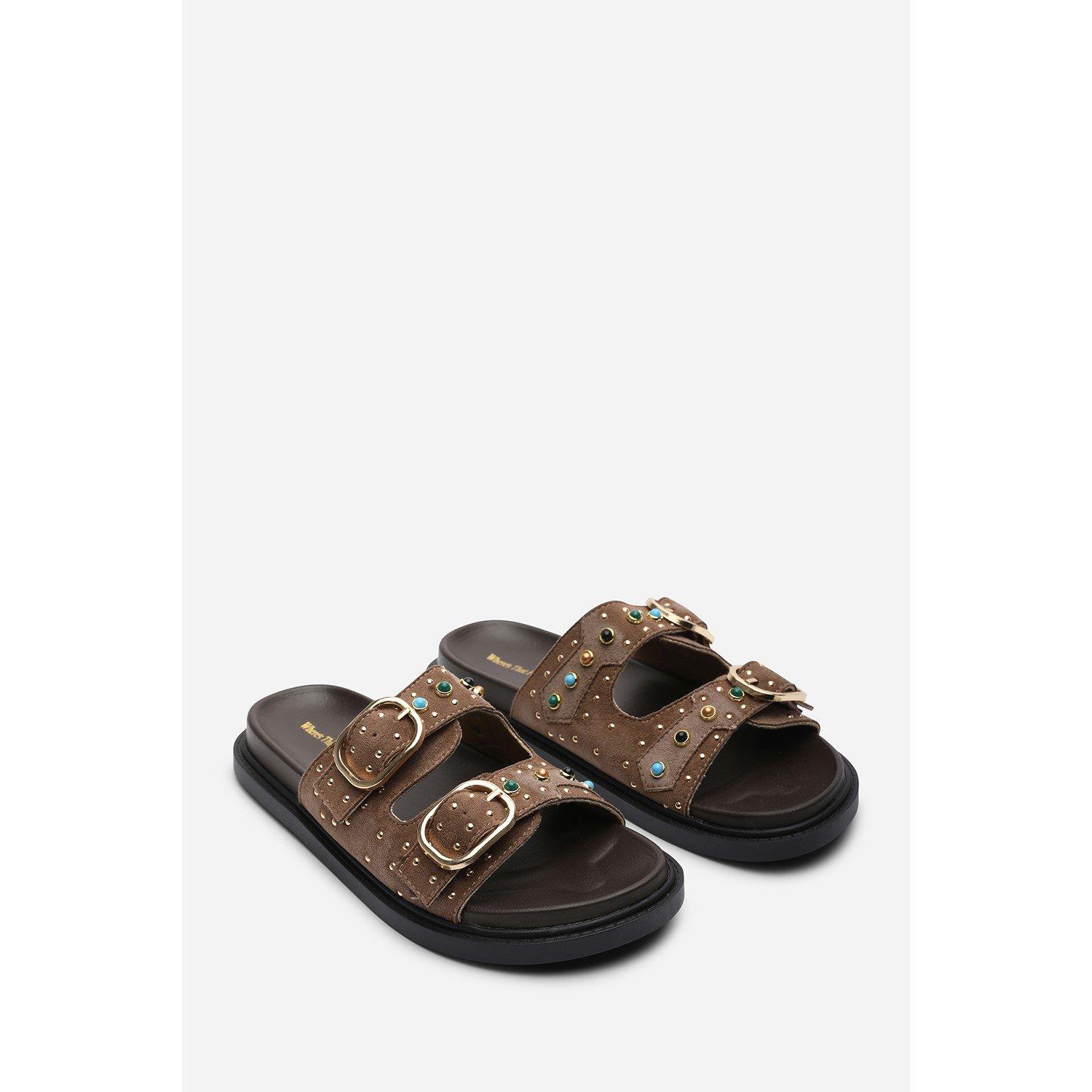 Camel - Wheres That From - Ceylon Diamante Stud Double Buckle Camel Suede Sli - 4
