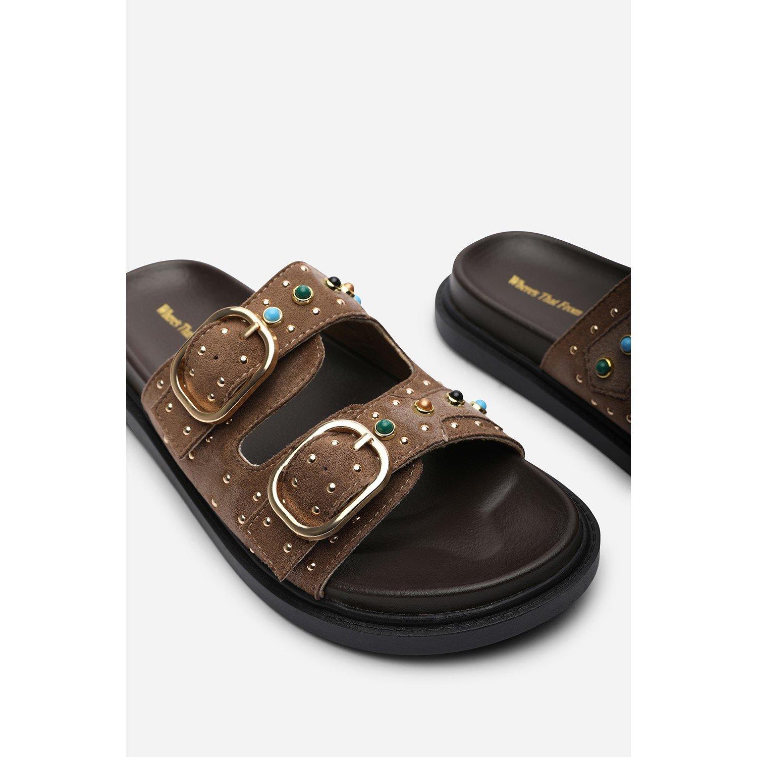 Camel - Wheres That From - Ceylon Diamante Stud Double Buckle Camel Suede Sli - 5