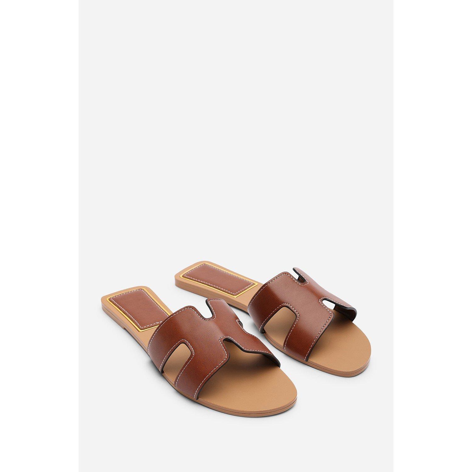 Tan - Wheres That From - GraziaCut Out Design Wide Fit Tan Slide On Sandals - 4