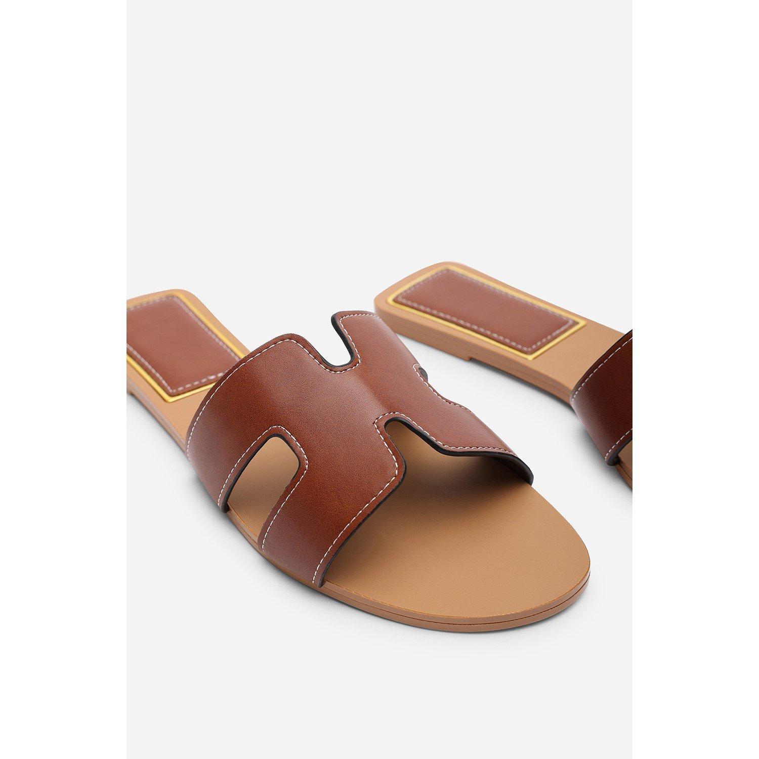 Tan - Wheres That From - GraziaCut Out Design Wide Fit Tan Slide On Sandals - 5