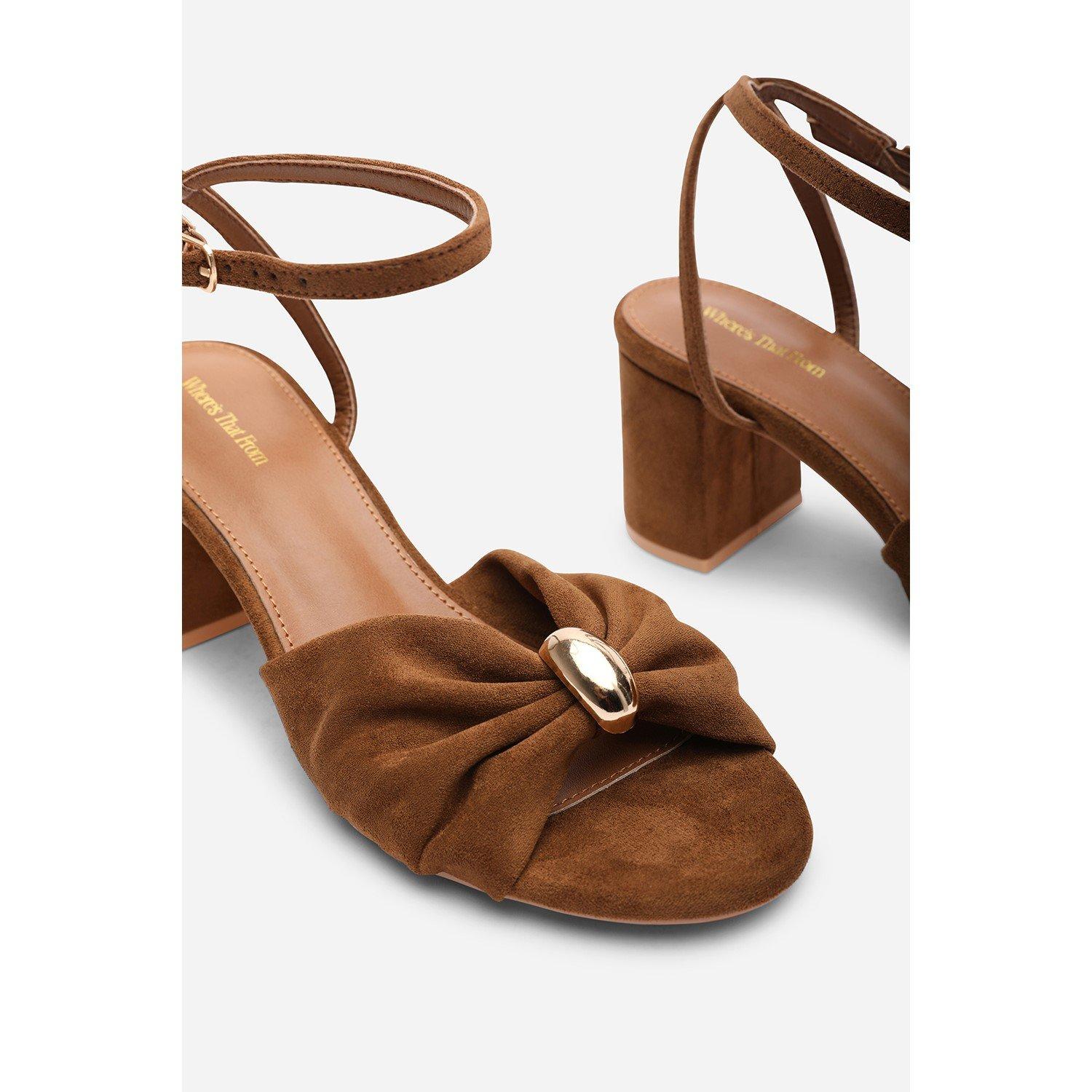 Cognac - Wheres That From - Bluebird Block Heel Ruched Buckle Cognac Suede San - 4