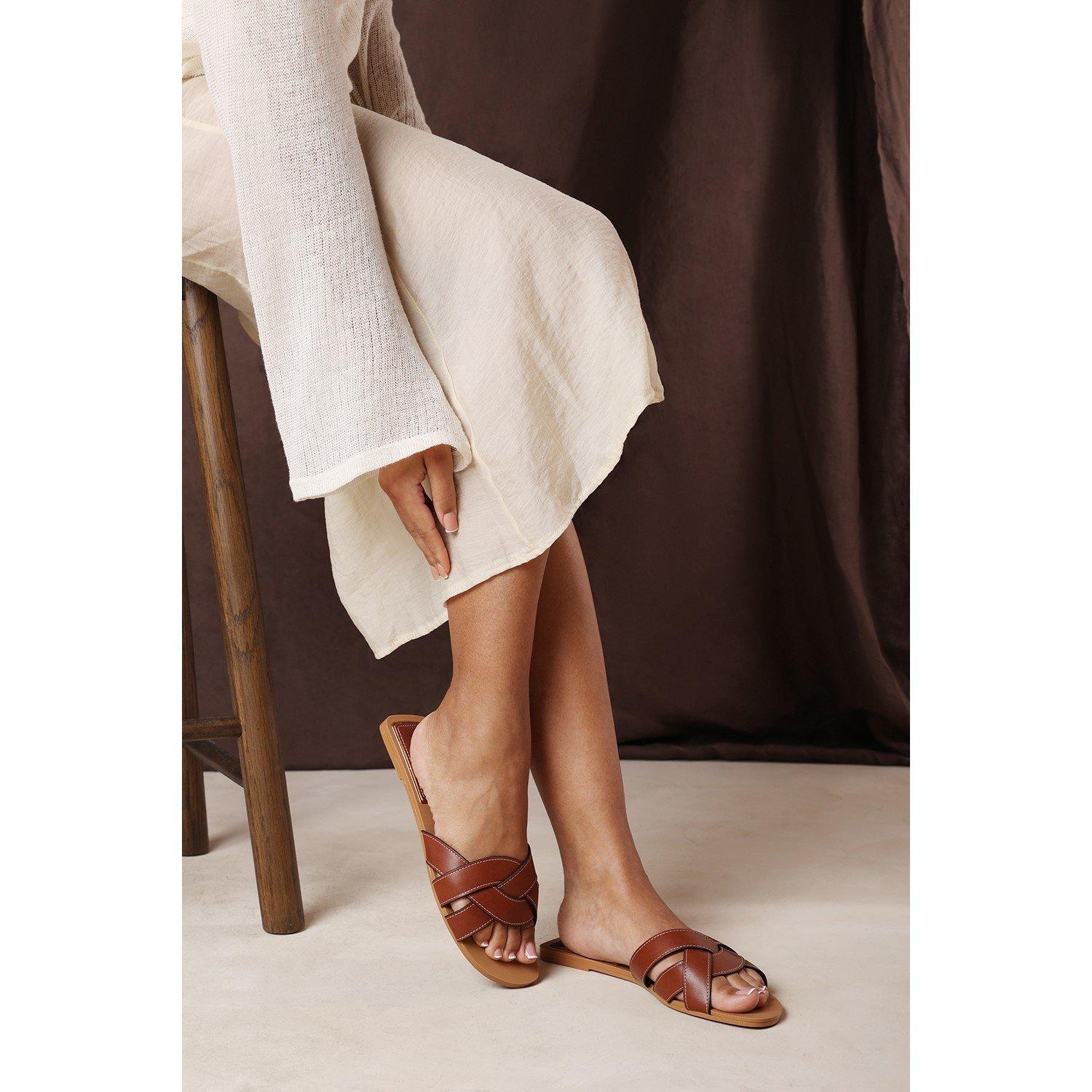 Tan - Wheres That From - Elvira Braided Tan Slide on Sandals with contrast - 1