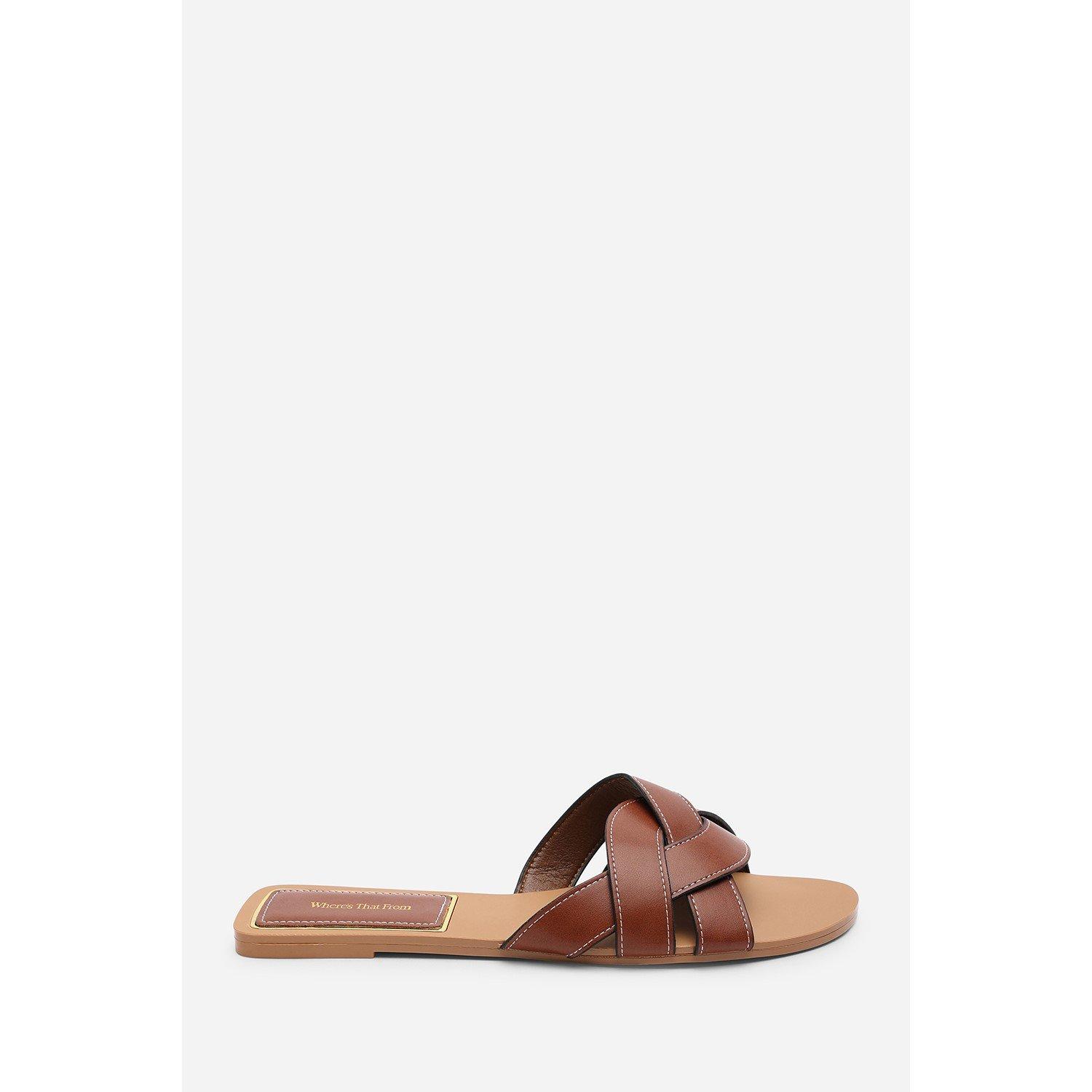 Tan - Wheres That From - Elvira Braided Tan Slide on Sandals with contrast - 2