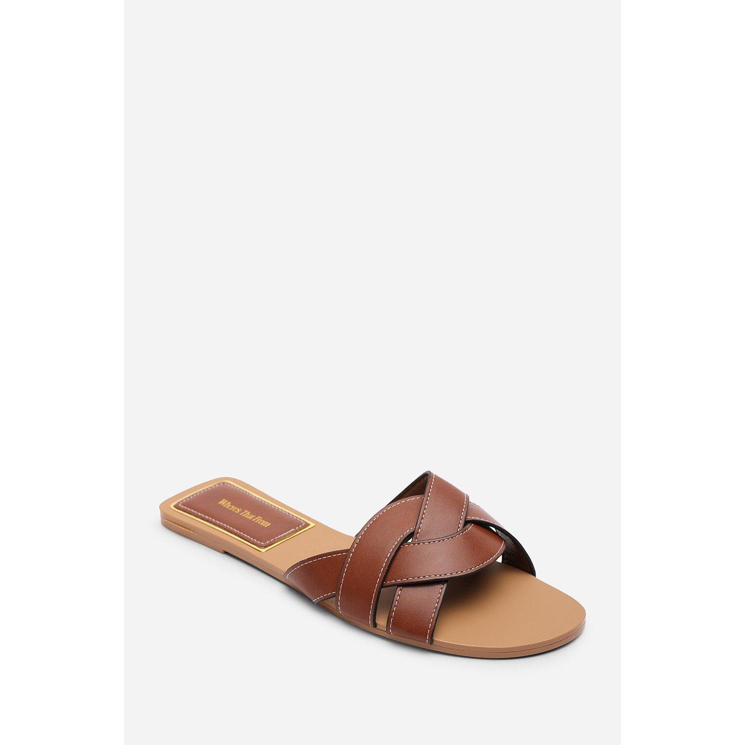 Tan - Wheres That From - Elvira Braided Tan Slide on Sandals with contrast - 3