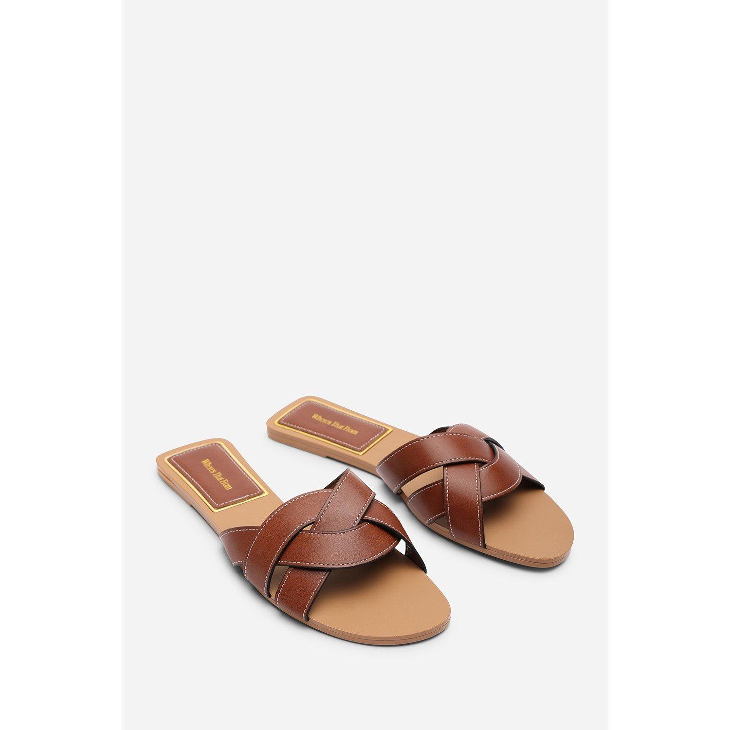 Tan - Wheres That From - Elvira Braided Tan Slide on Sandals with contrast - 4