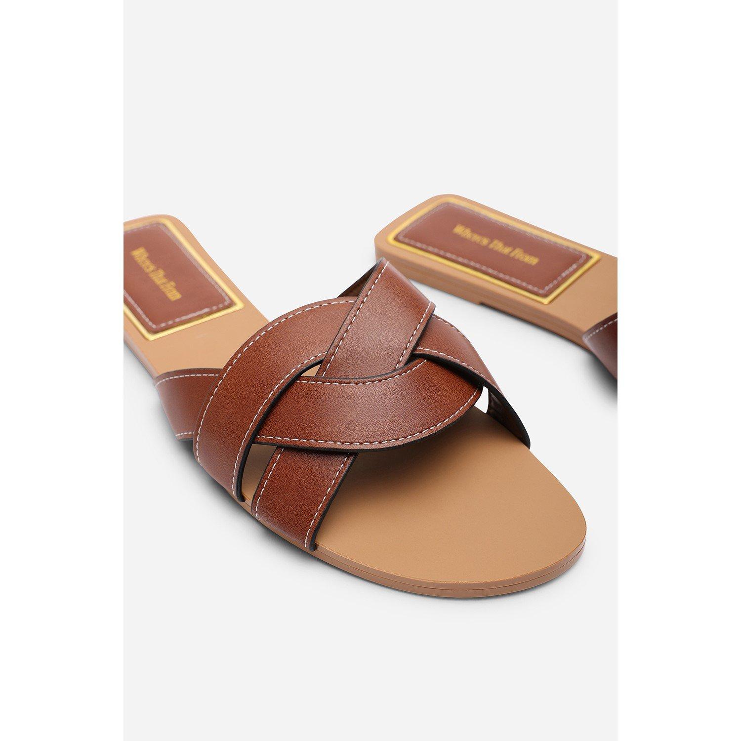 Tan - Wheres That From - Elvira Braided Tan Slide on Sandals with contrast - 5