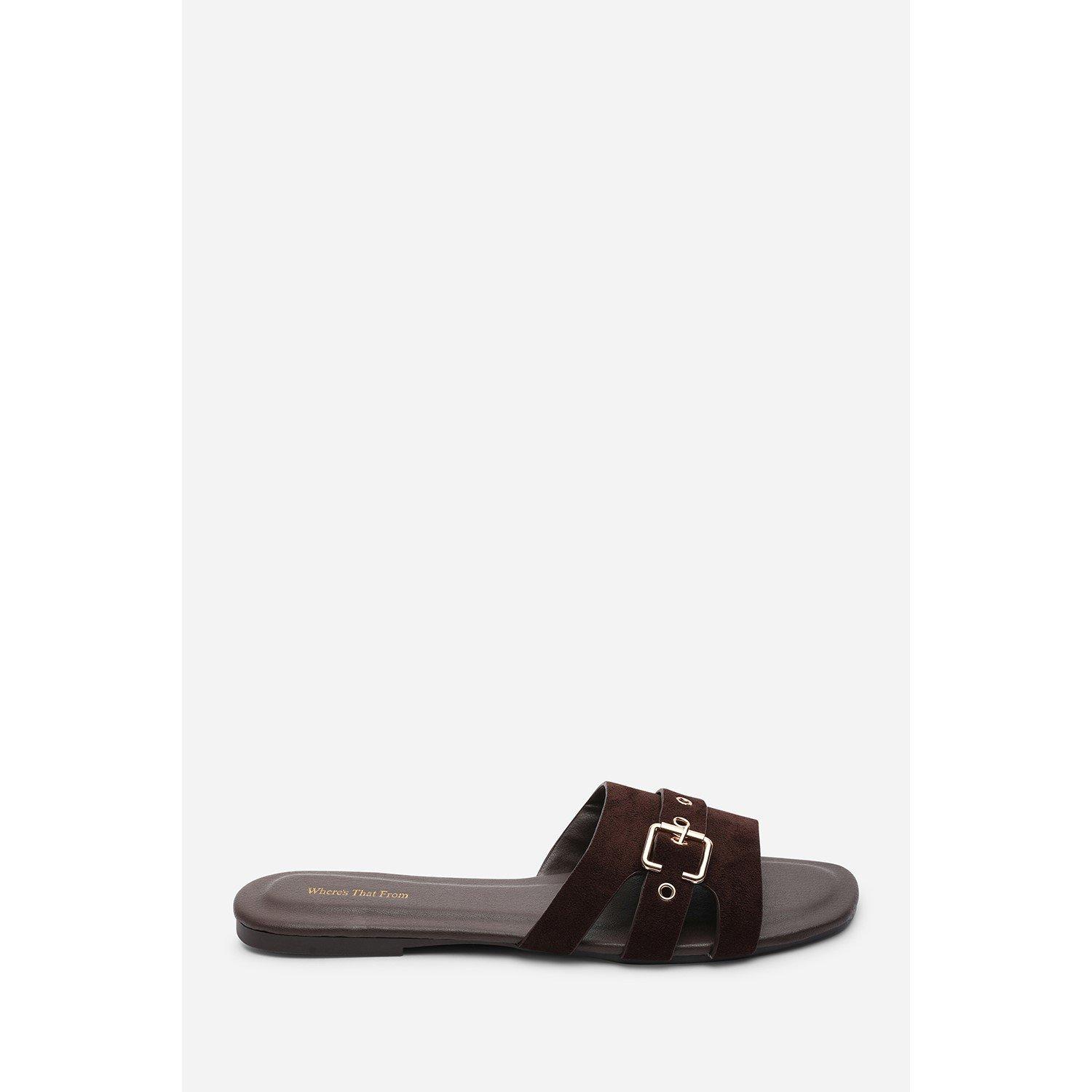 Dark Brown - Wheres That From - Alvita Buckle Slide on Flat Dark Brown Suede Slide - 2