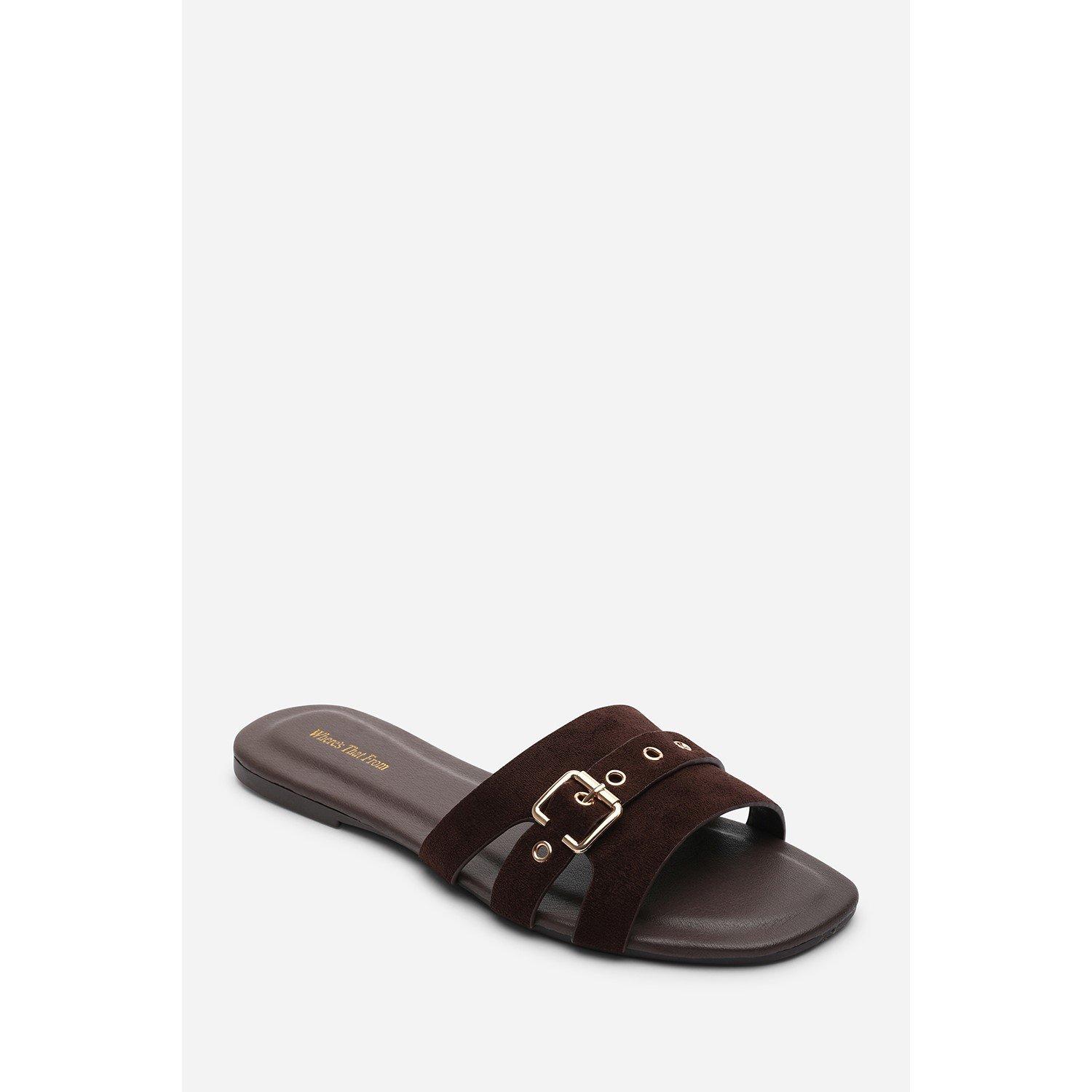 Dark Brown - Wheres That From - Alvita Buckle Slide on Flat Dark Brown Suede Slide - 3