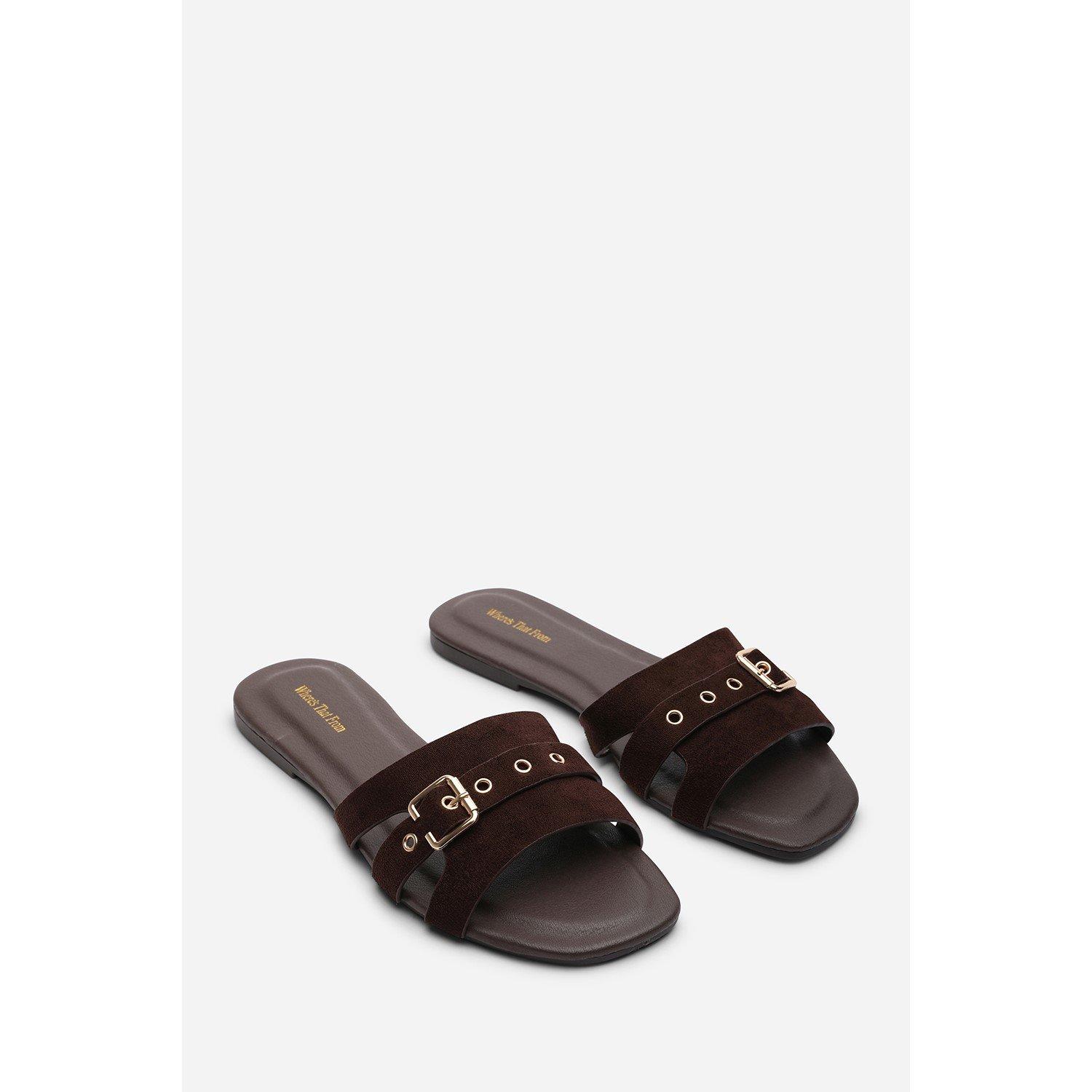Dark Brown - Wheres That From - Alvita Buckle Slide on Flat Dark Brown Suede Slide - 4