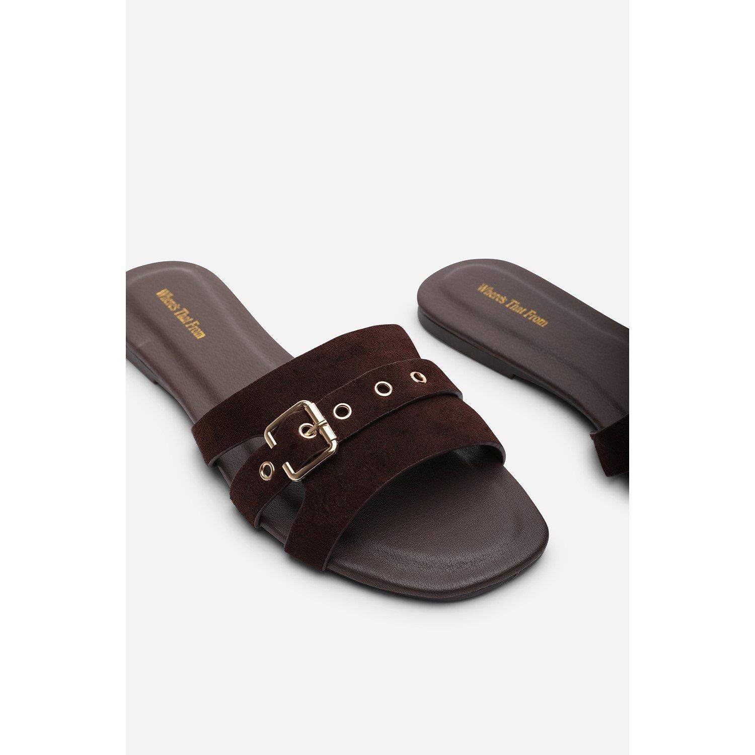 Dark Brown - Wheres That From - Alvita Buckle Slide on Flat Dark Brown Suede Slide - 5
