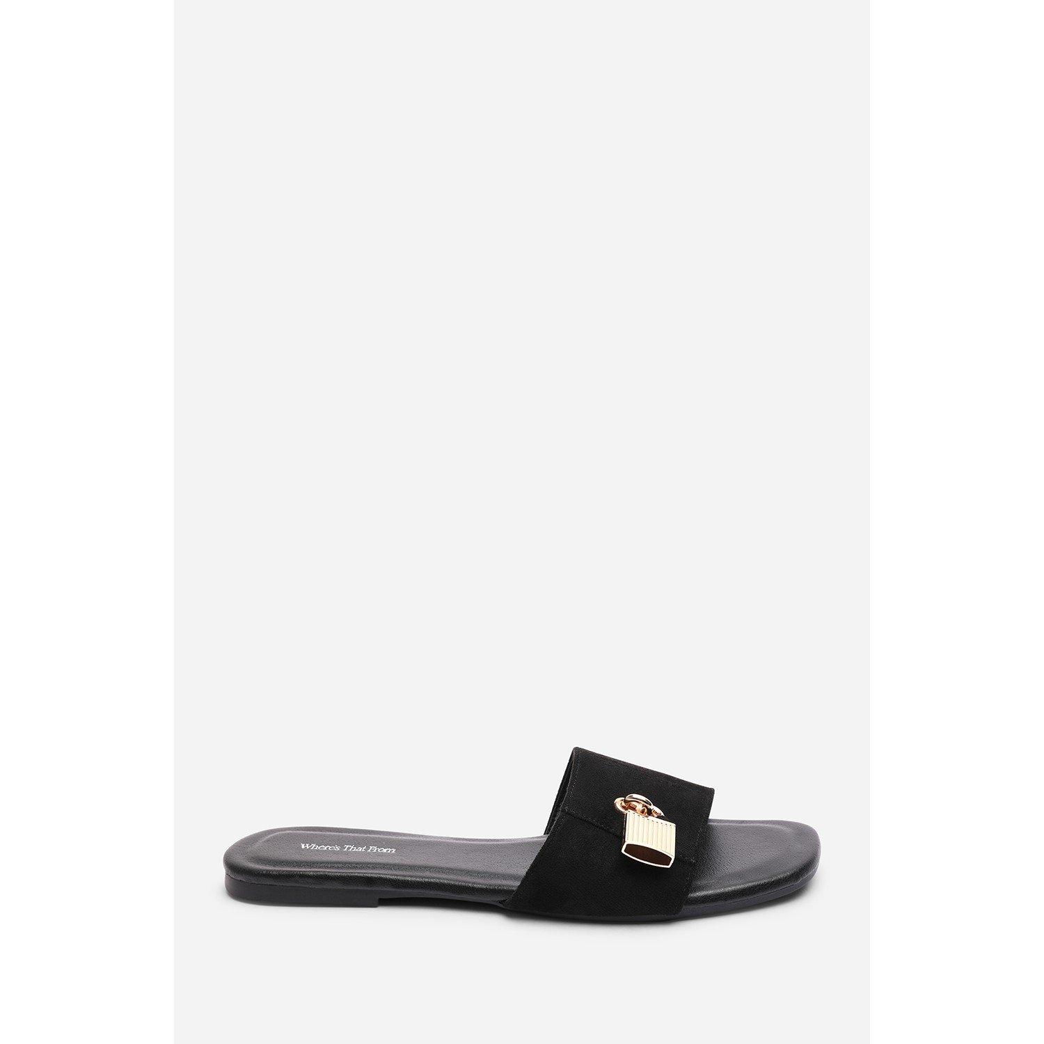 Black - Wheres That From - Solana Gold Trim Flat Black Suede Slide On Sandal - 1
