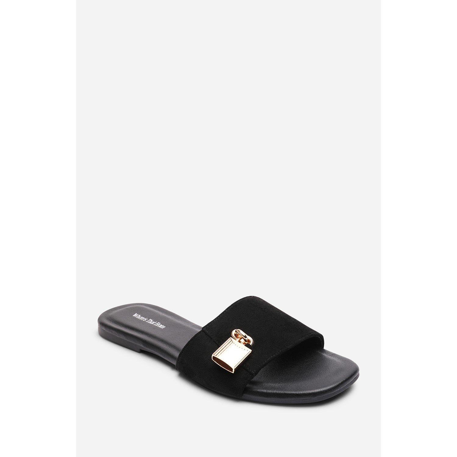 Black - Wheres That From - Solana Gold Trim Flat Black Suede Slide On Sandal - 2