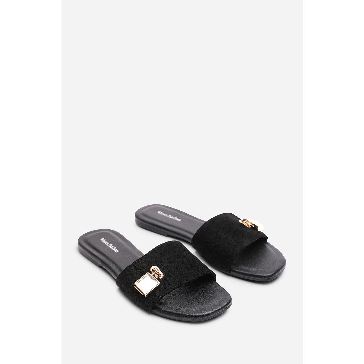 Black - Wheres That From - Solana Gold Trim Flat Black Suede Slide On Sandal - 3