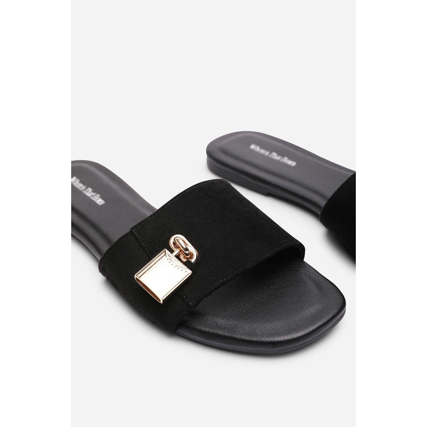 Black - Wheres That From - Solana Gold Trim Flat Black Suede Slide On Sandal - 4