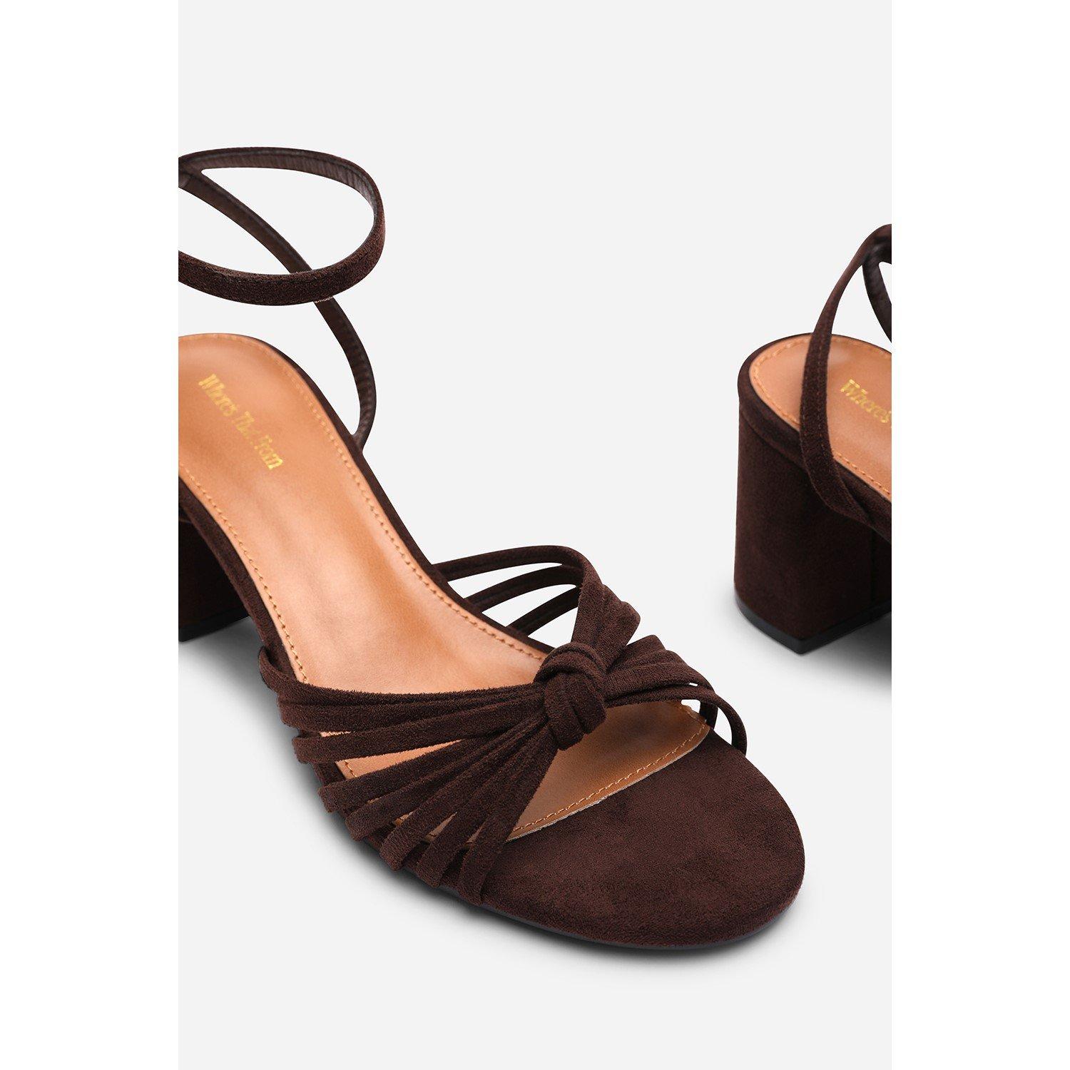 Dark Brown - Wheres That From - Blossy Knotted Block Heel Sandal With Ankle Strap - 4