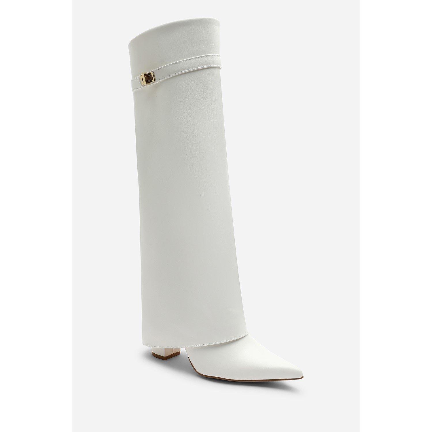 White - Wheres That From - Keira Fold Over Shark Block Heel Point Toe Boots - 4