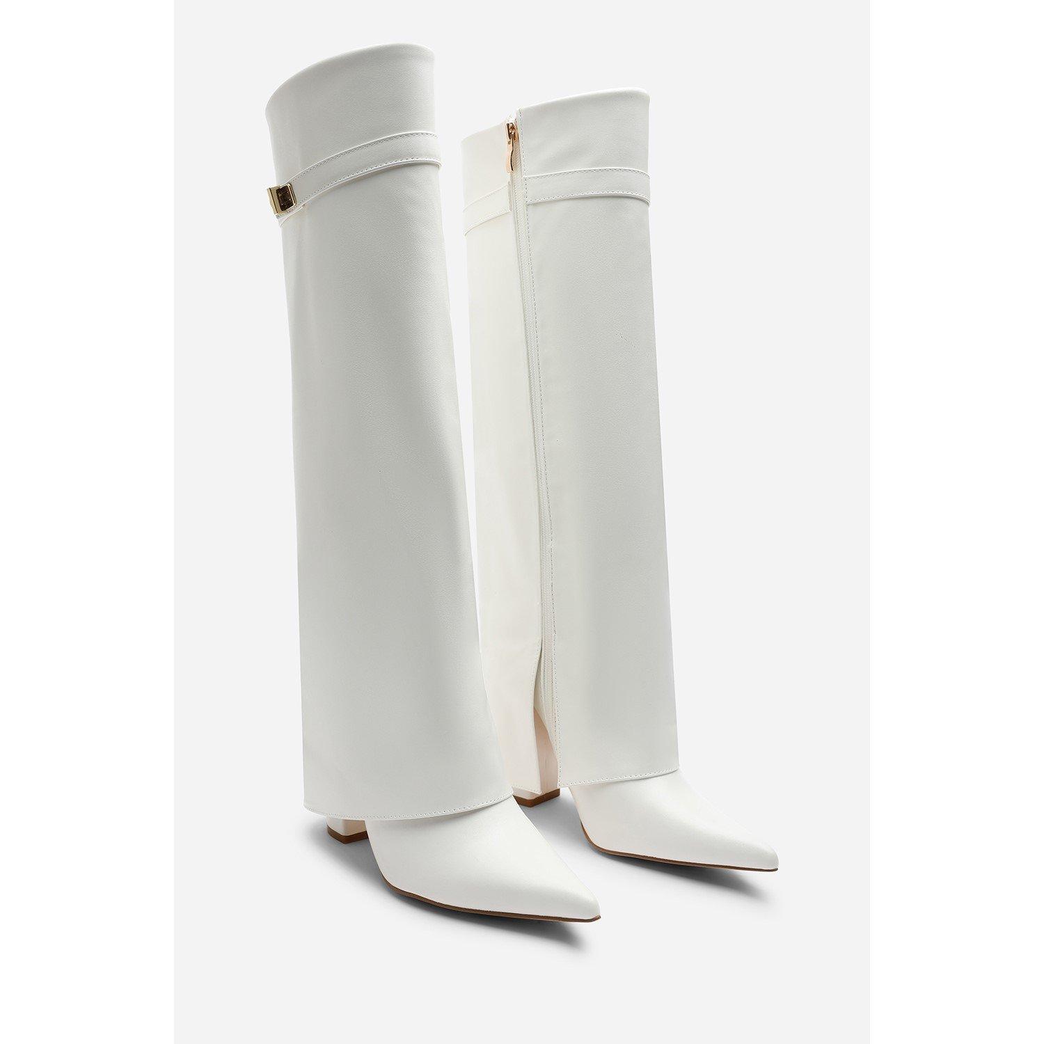 White - Wheres That From - Keira Fold Over Shark Block Heel Point Toe Boots - 5