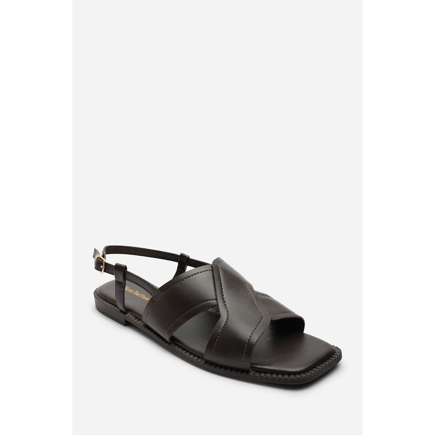 Dark Brown - Wheres That From - Cavina Square Toe Dark Brown PU Slingback Sandals - 4
