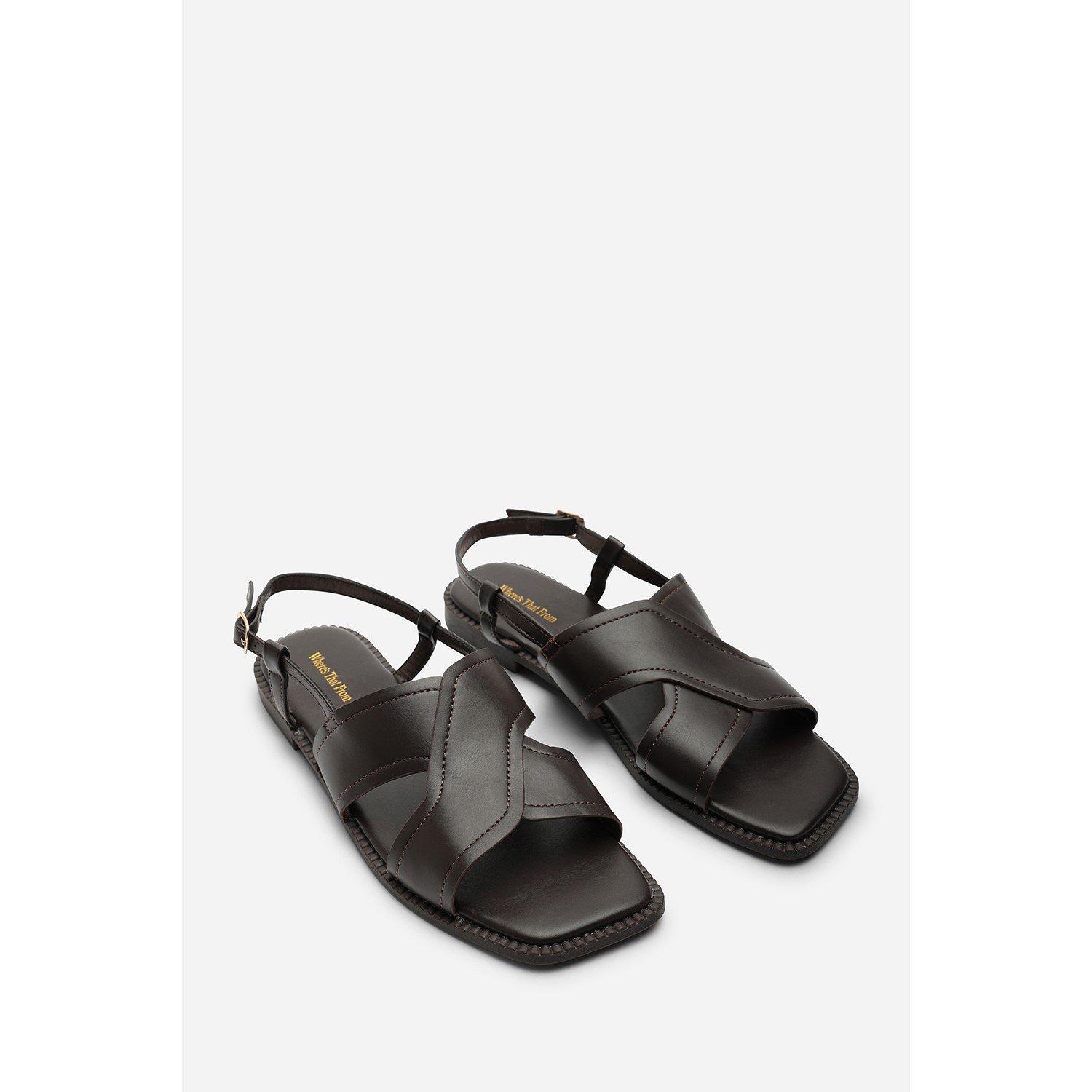 Dark Brown - Wheres That From - Cavina Square Toe Dark Brown PU Slingback Sandals - 5