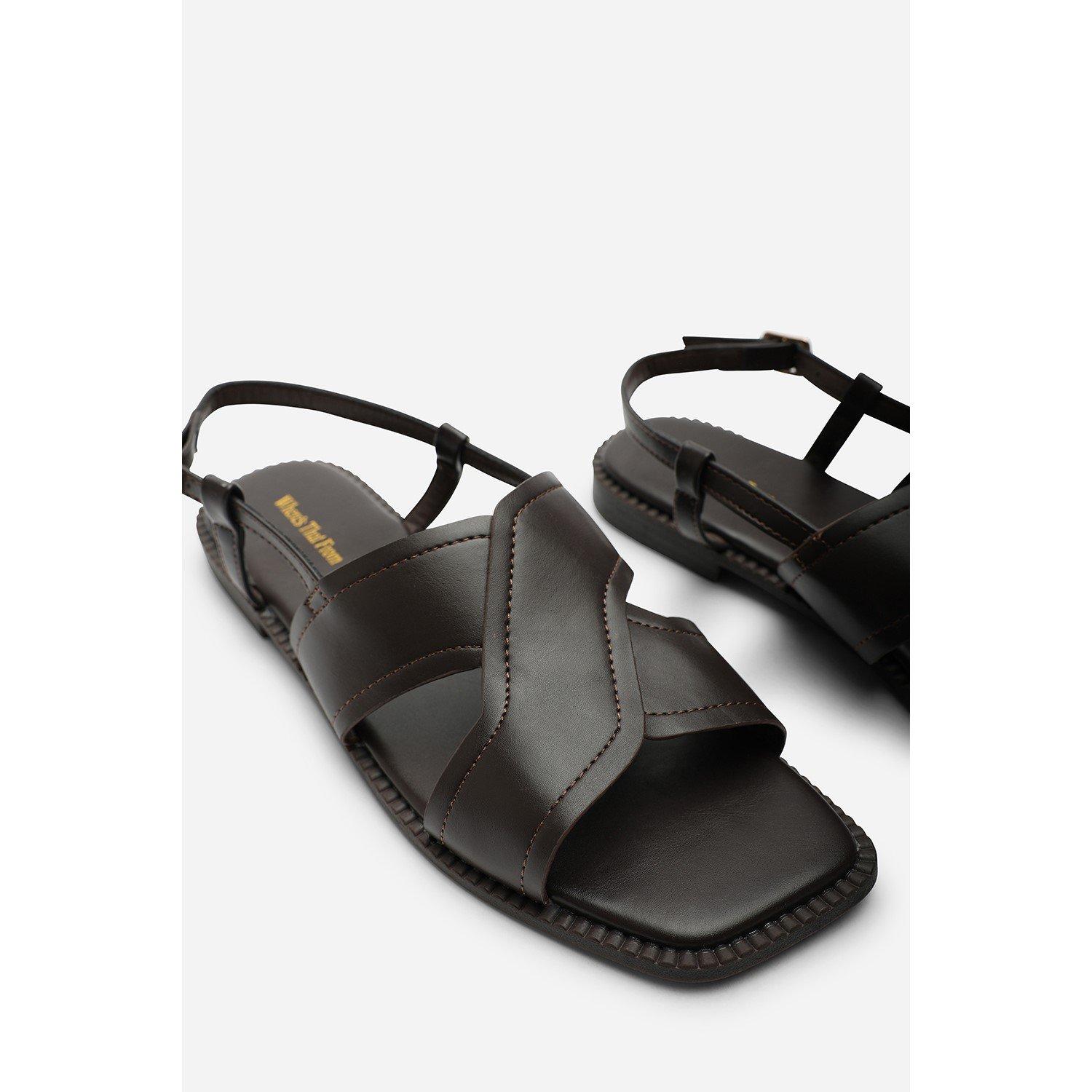 Dark Brown - Wheres That From - Cavina Square Toe Dark Brown PU Slingback Sandals - 6