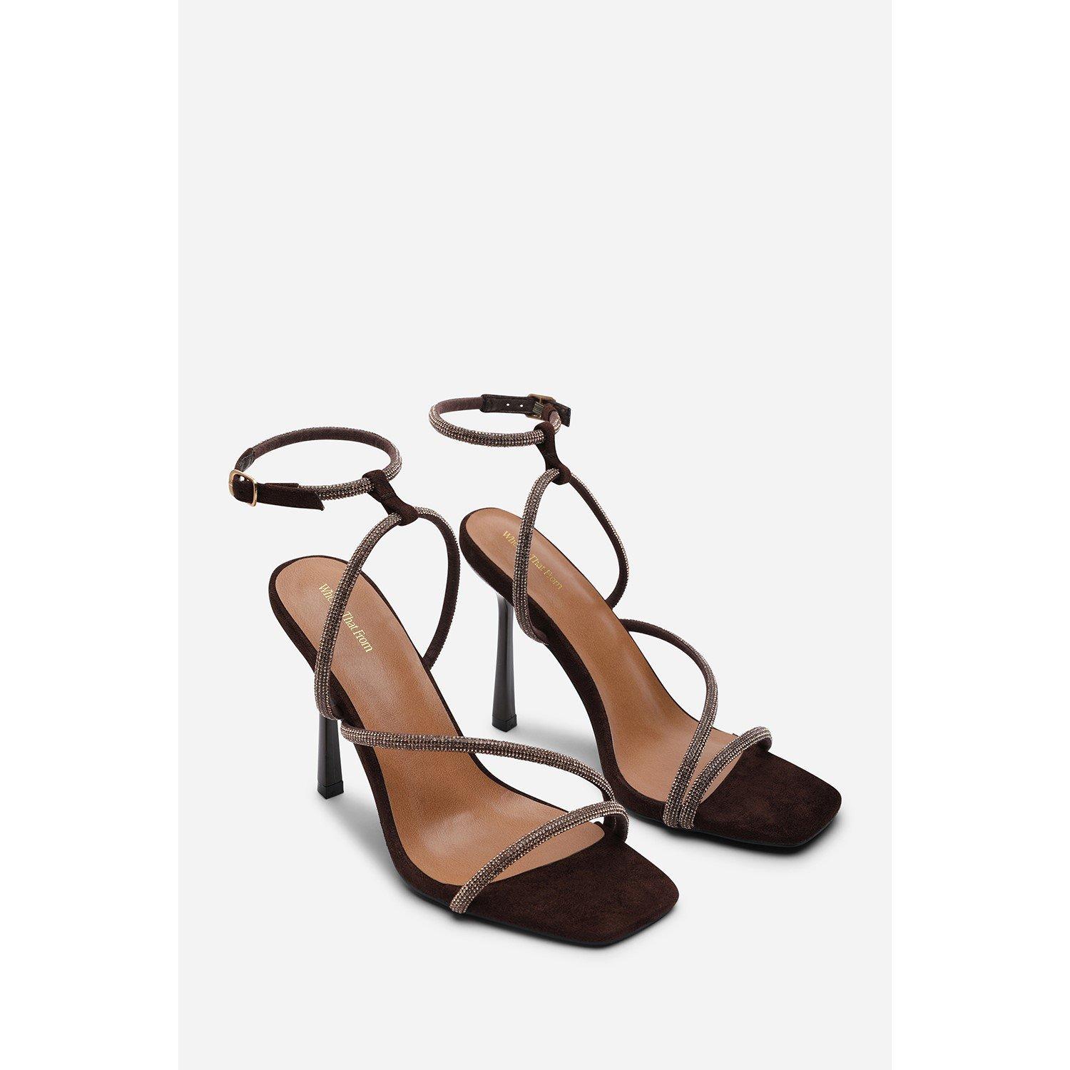 Dark Brown - Wheres That From - Betsy High Heels Sandals with Diamante detail & Sq - 4