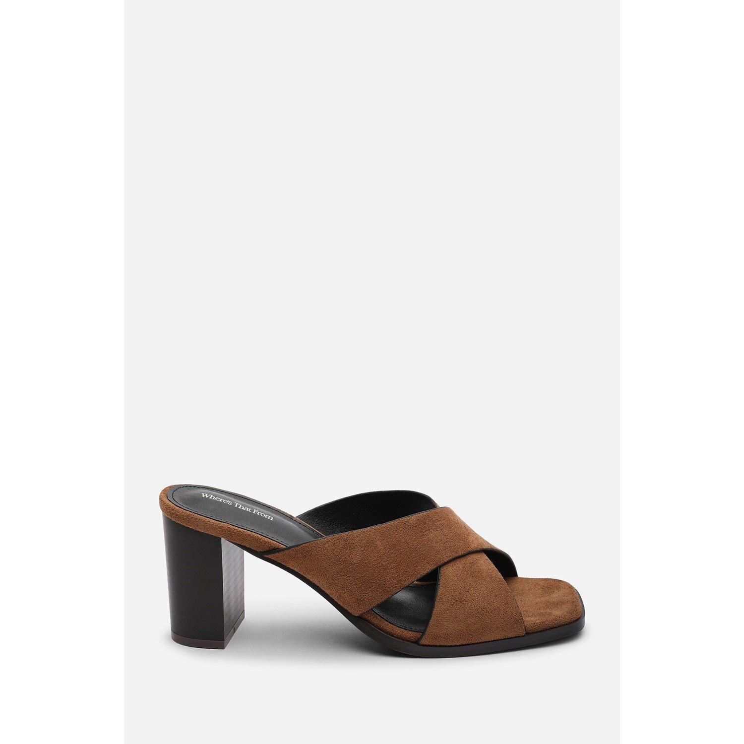 Cognac - Wheres That From - Livana Crossover Strap Block Heeled Mule - 2