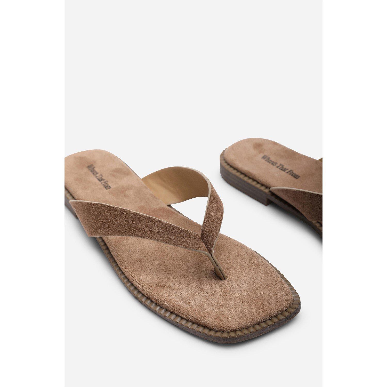 Camel - Wheres That From - Lirena Square Toe Camel Suede Flip Flop Sandal - 5