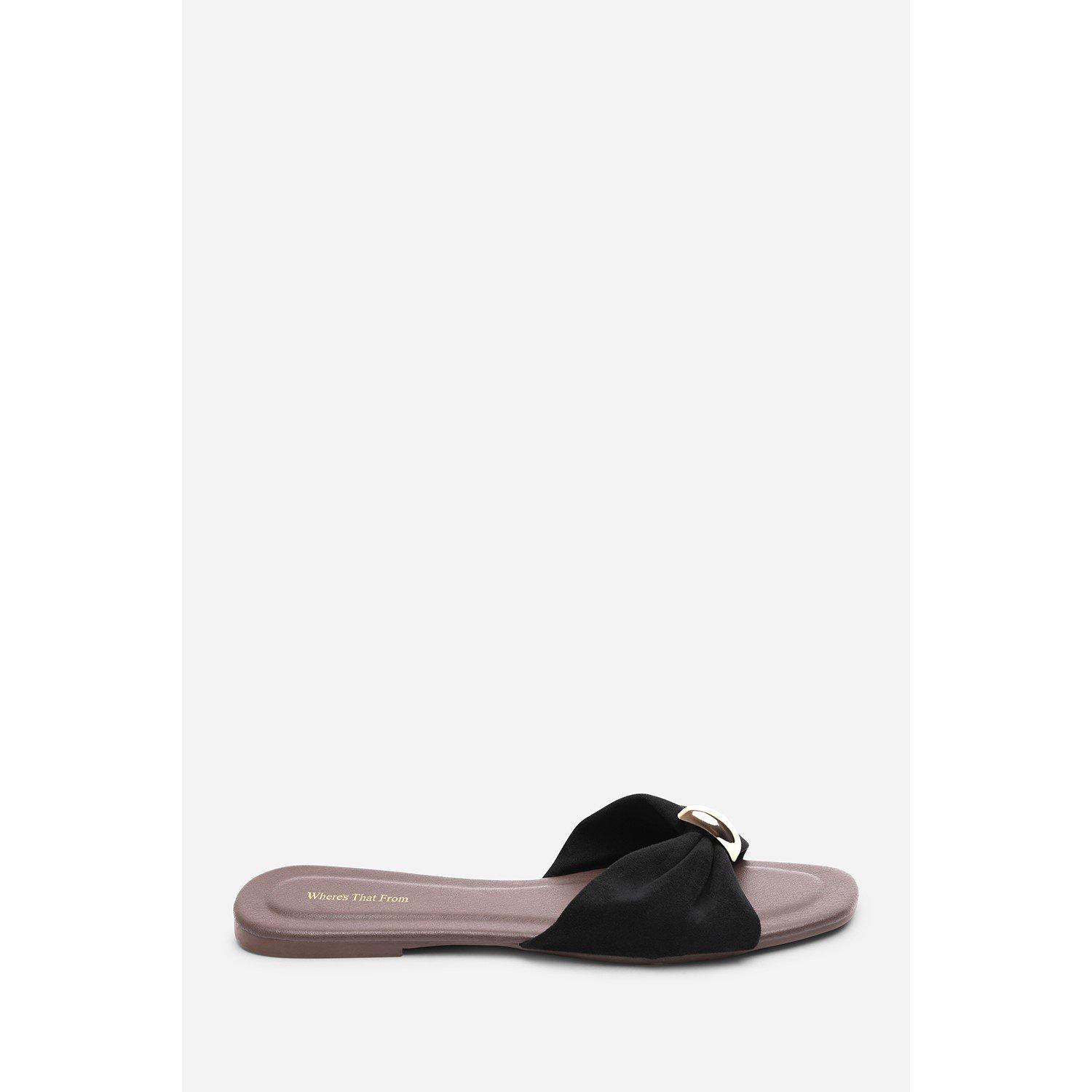 Black - Wheres That From - Arc Ruched Buckle Black Suede Slide On Sandal - 2
