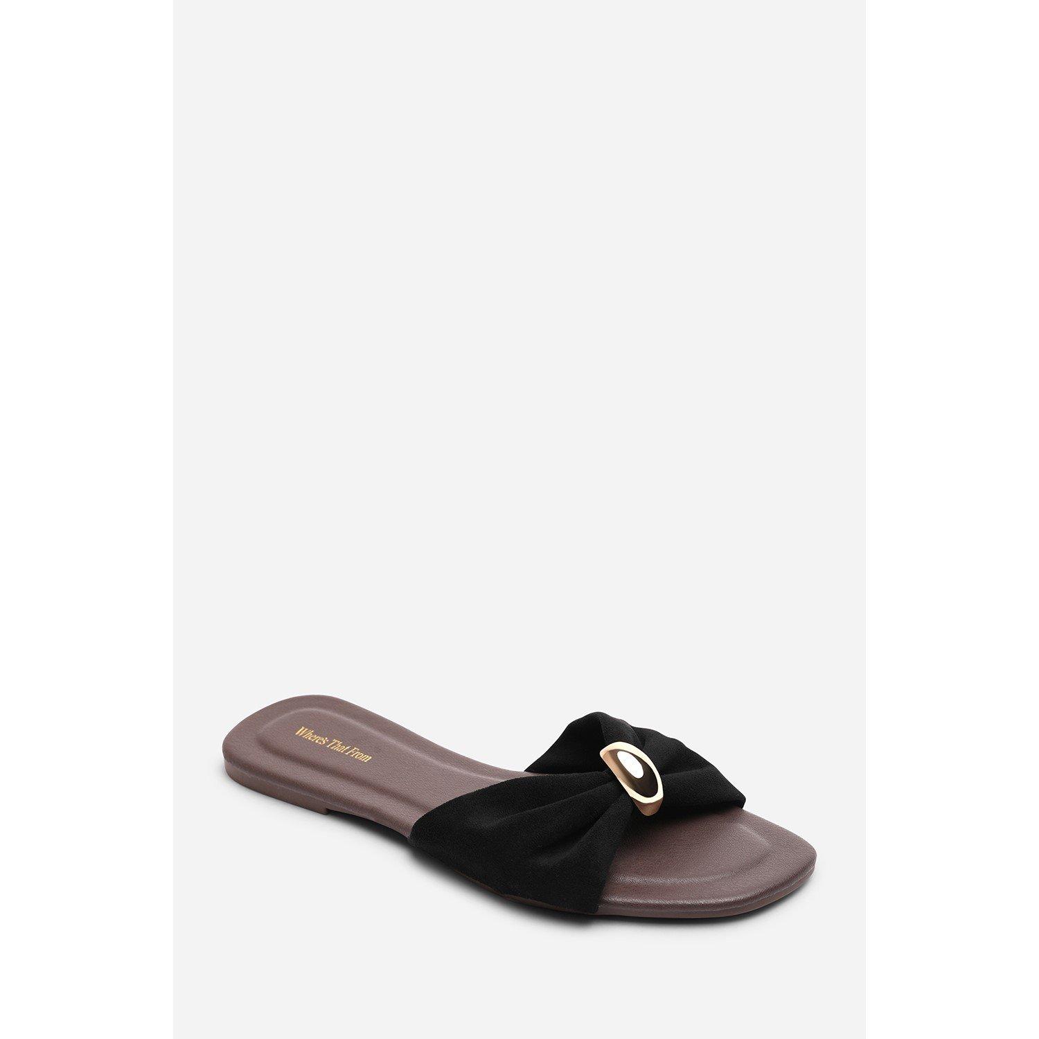 Black - Wheres That From - Arc Ruched Buckle Black Suede Slide On Sandal - 3