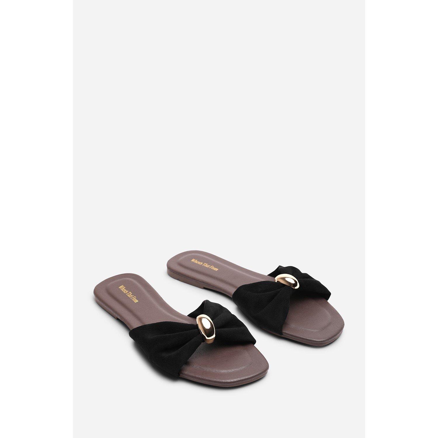 Black - Wheres That From - Arc Ruched Buckle Black Suede Slide On Sandal - 4