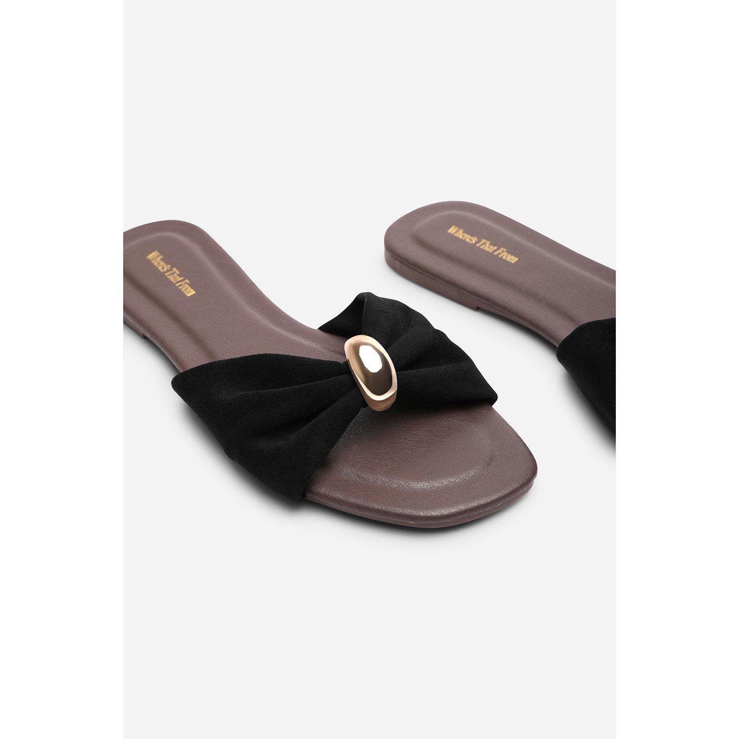 Black - Wheres That From - Arc Ruched Buckle Black Suede Slide On Sandal - 5