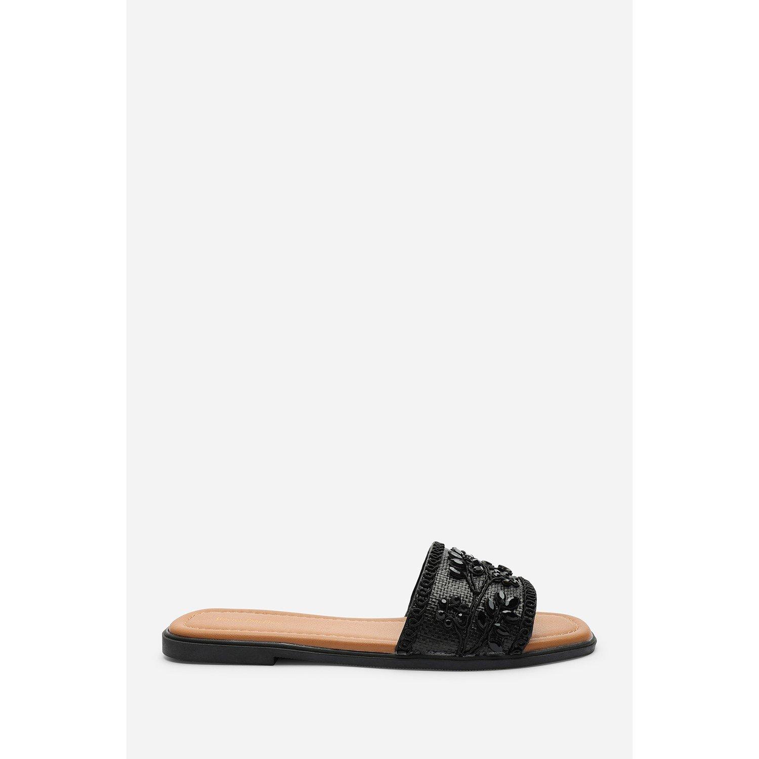 Black - Wheres That From - Karter Embellished Canvas Black Slide On Sandals - 3