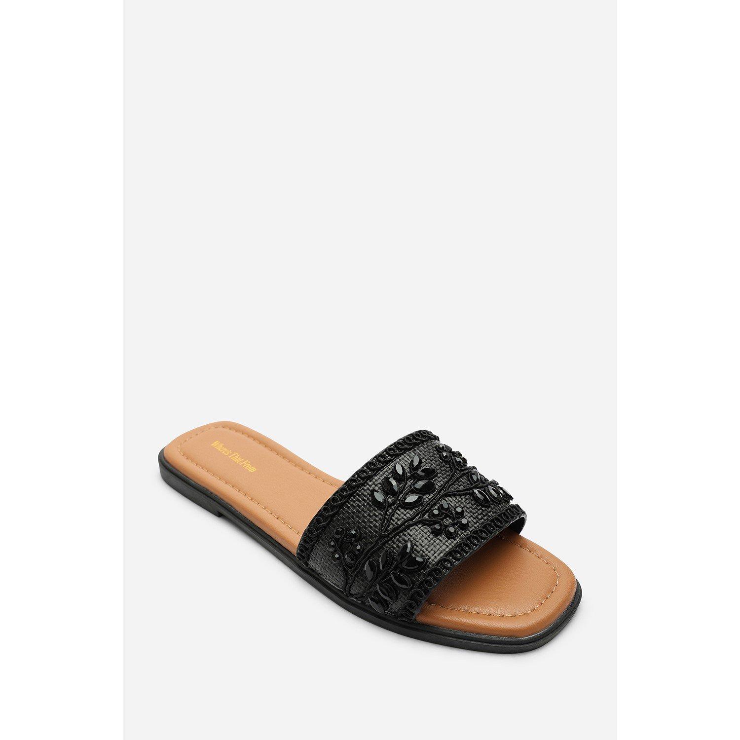 Black - Wheres That From - Karter Embellished Canvas Black Slide On Sandals - 4
