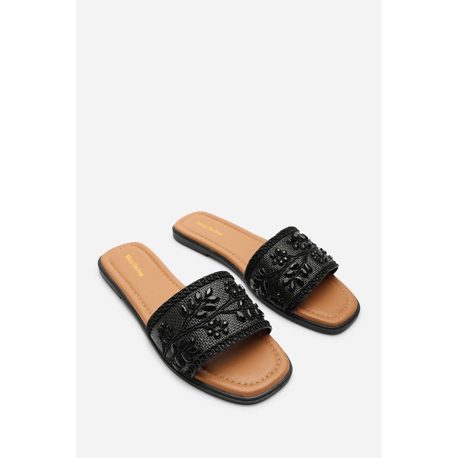Black - Wheres That From - Karter Embellished Canvas Black Slide On Sandals - 5