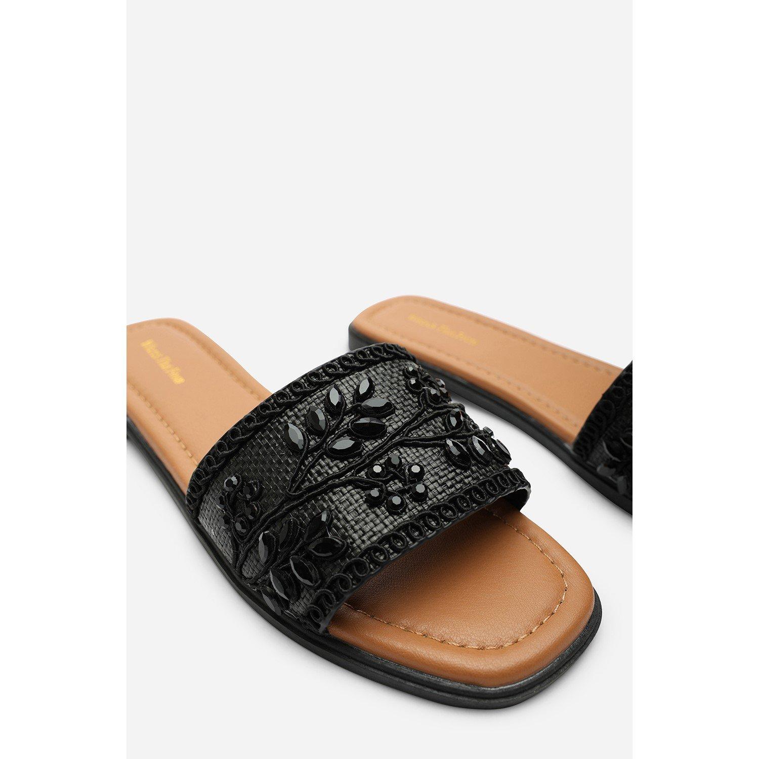 Black - Wheres That From - Karter Embellished Canvas Black Slide On Sandals - 6