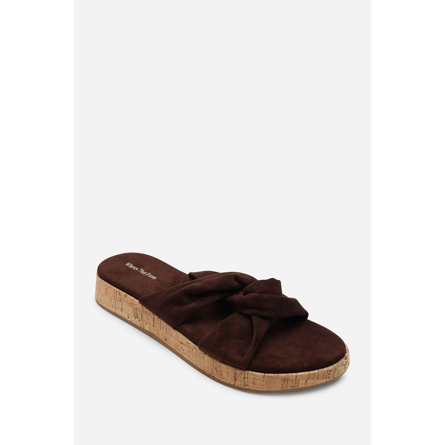 Dark Brown - Wheres That From - Bowite Knotted Open Toe Dark Brown Suede Low Wedge - 2