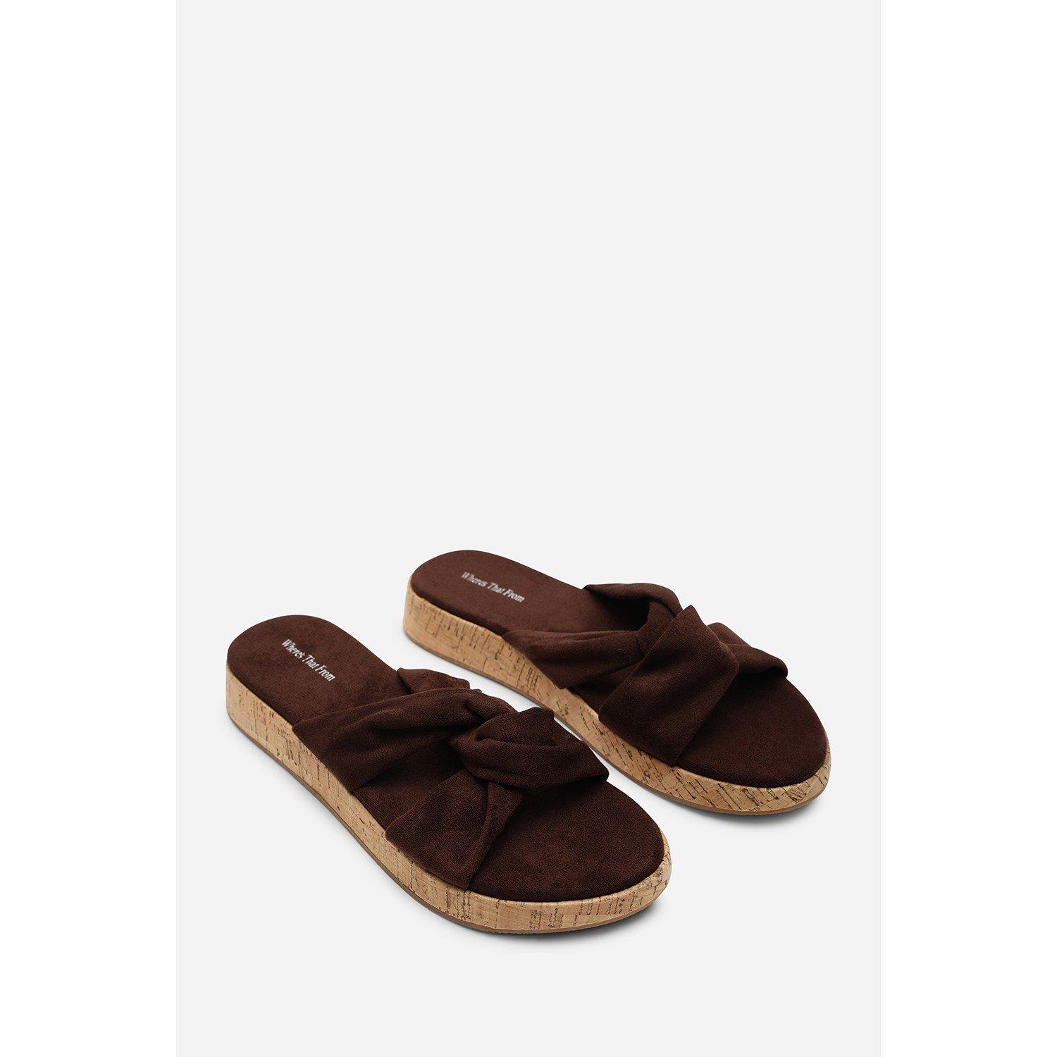 Dark Brown - Wheres That From - Bowite Knotted Open Toe Dark Brown Suede Low Wedge - 3