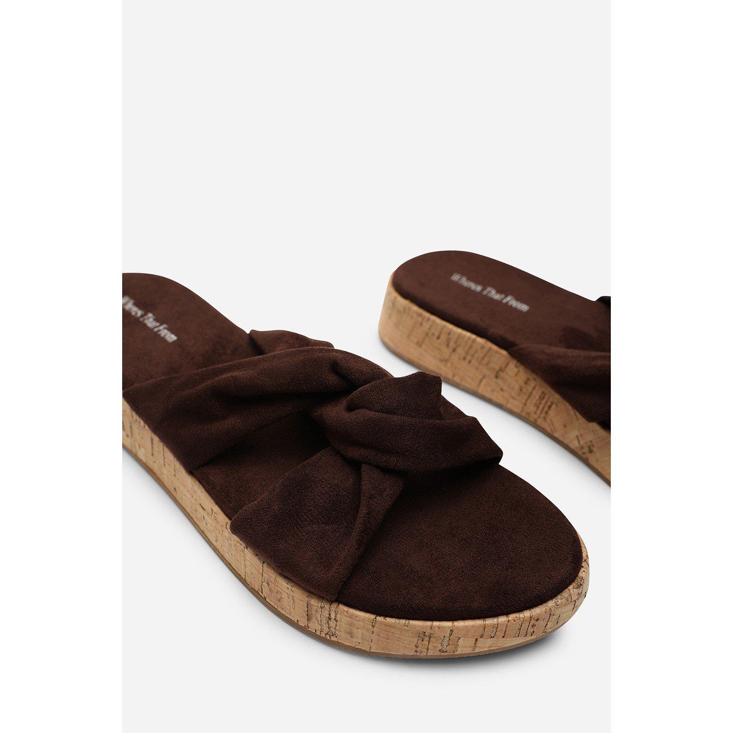 Dark Brown - Wheres That From - Bowite Knotted Open Toe Dark Brown Suede Low Wedge - 4