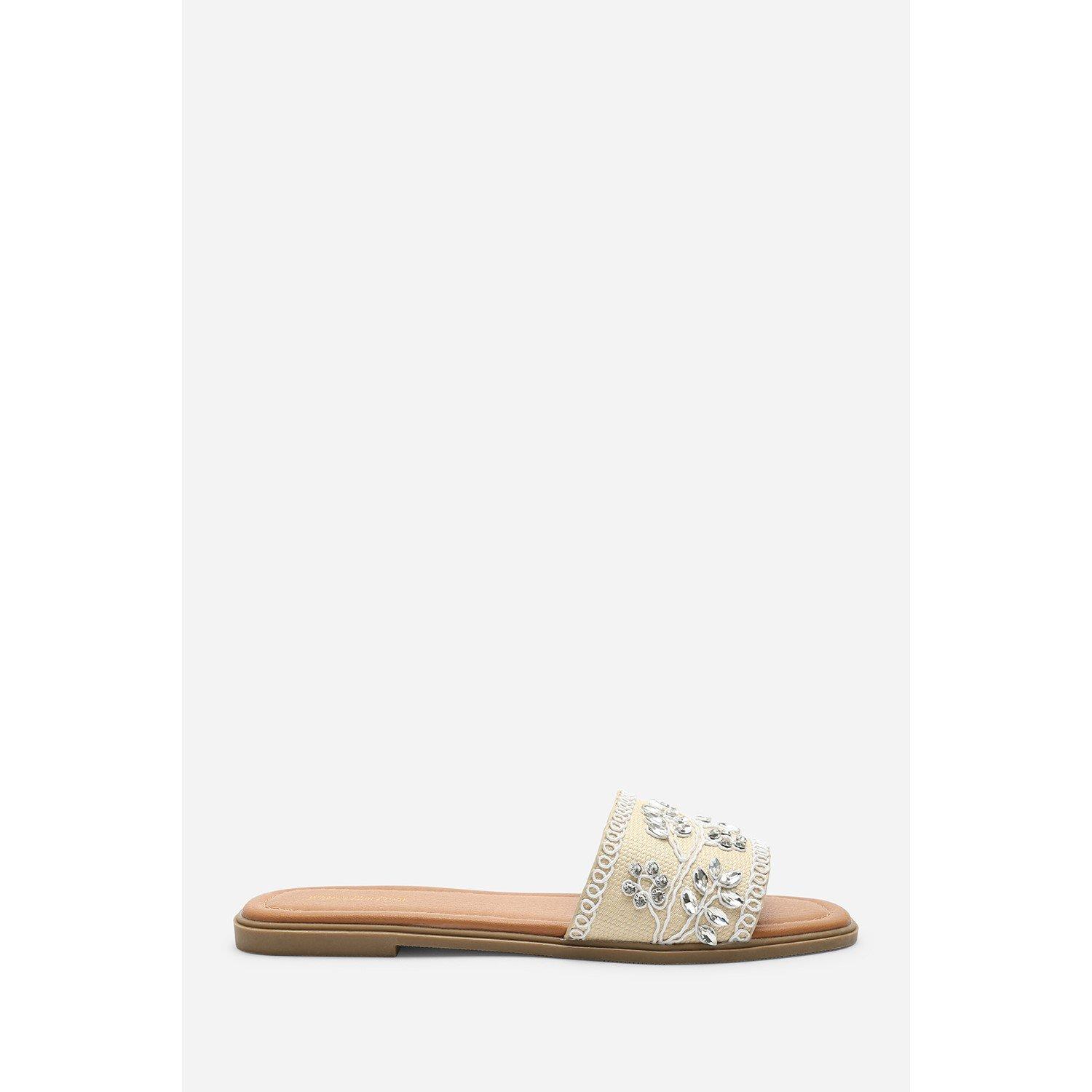 White - Wheres That From - Karter Embellished Canvas Cream Slide On Sandals - 3