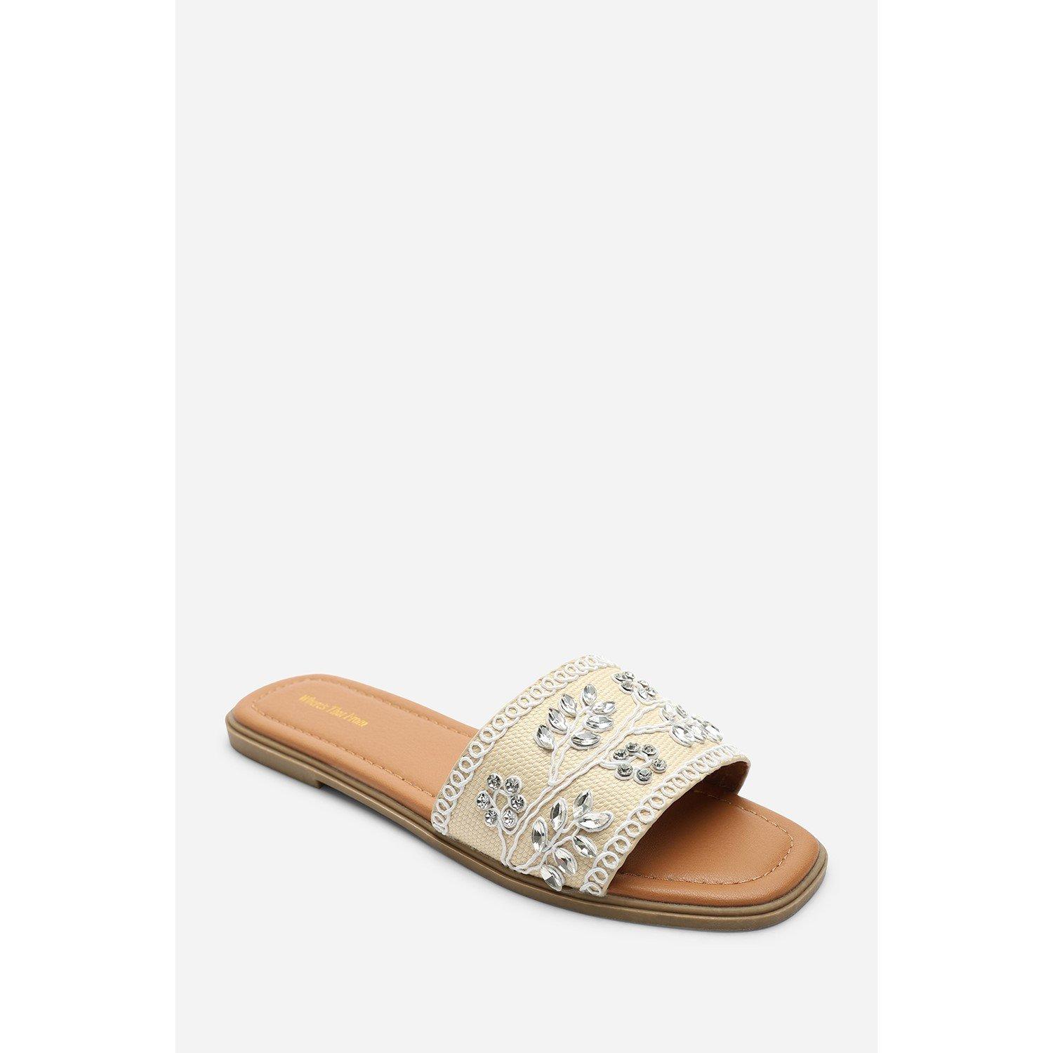 White - Wheres That From - Karter Embellished Canvas Cream Slide On Sandals - 4