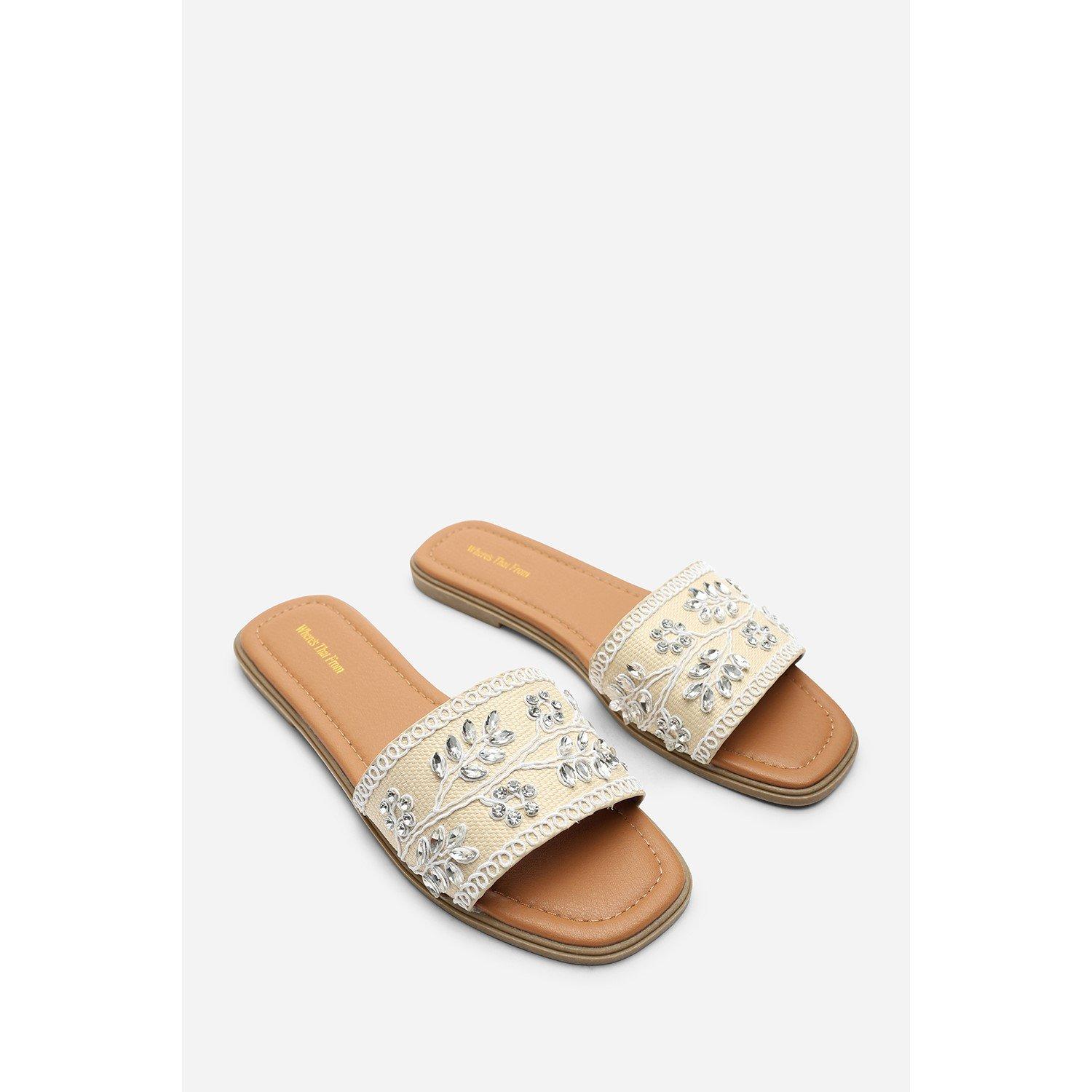 White - Wheres That From - Karter Embellished Canvas Cream Slide On Sandals - 5