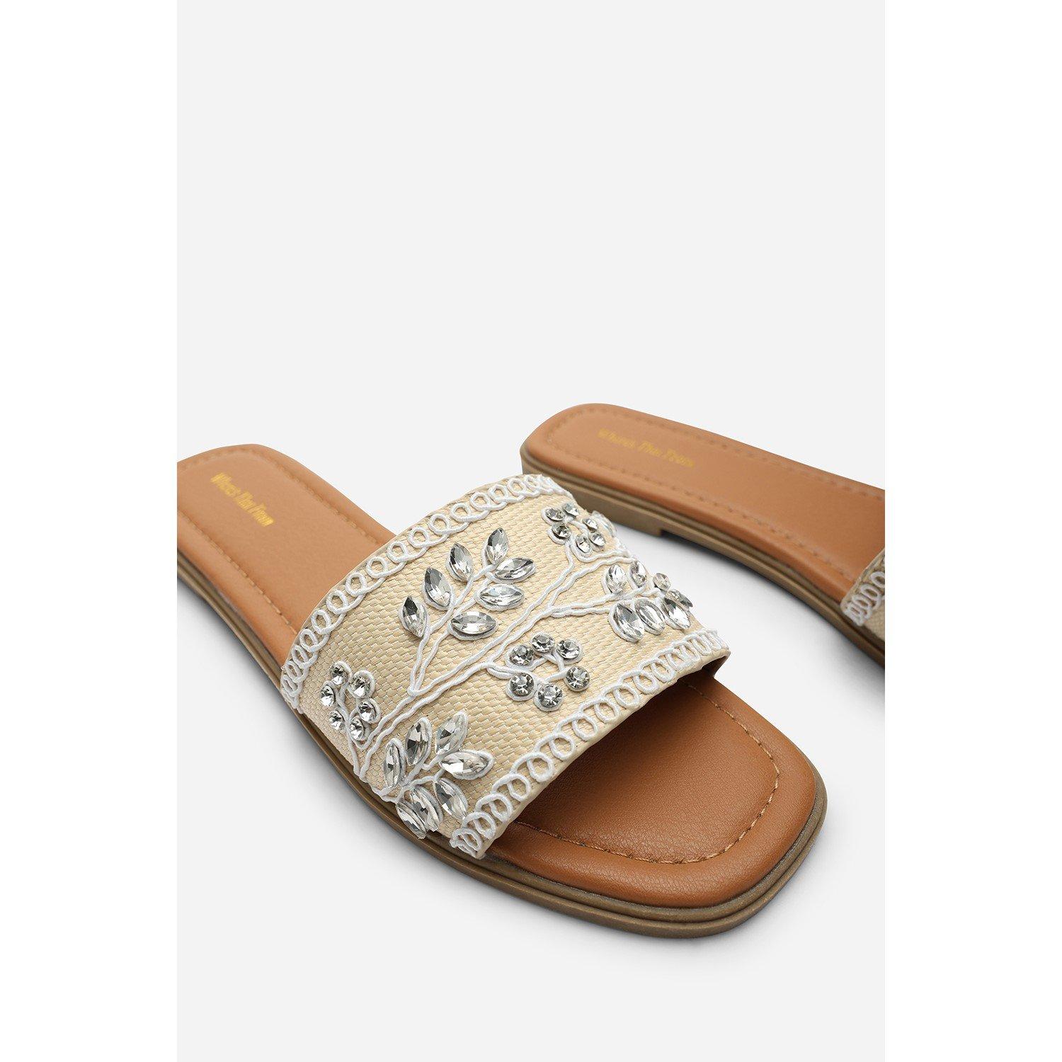 White - Wheres That From - Karter Embellished Canvas Cream Slide On Sandals - 6